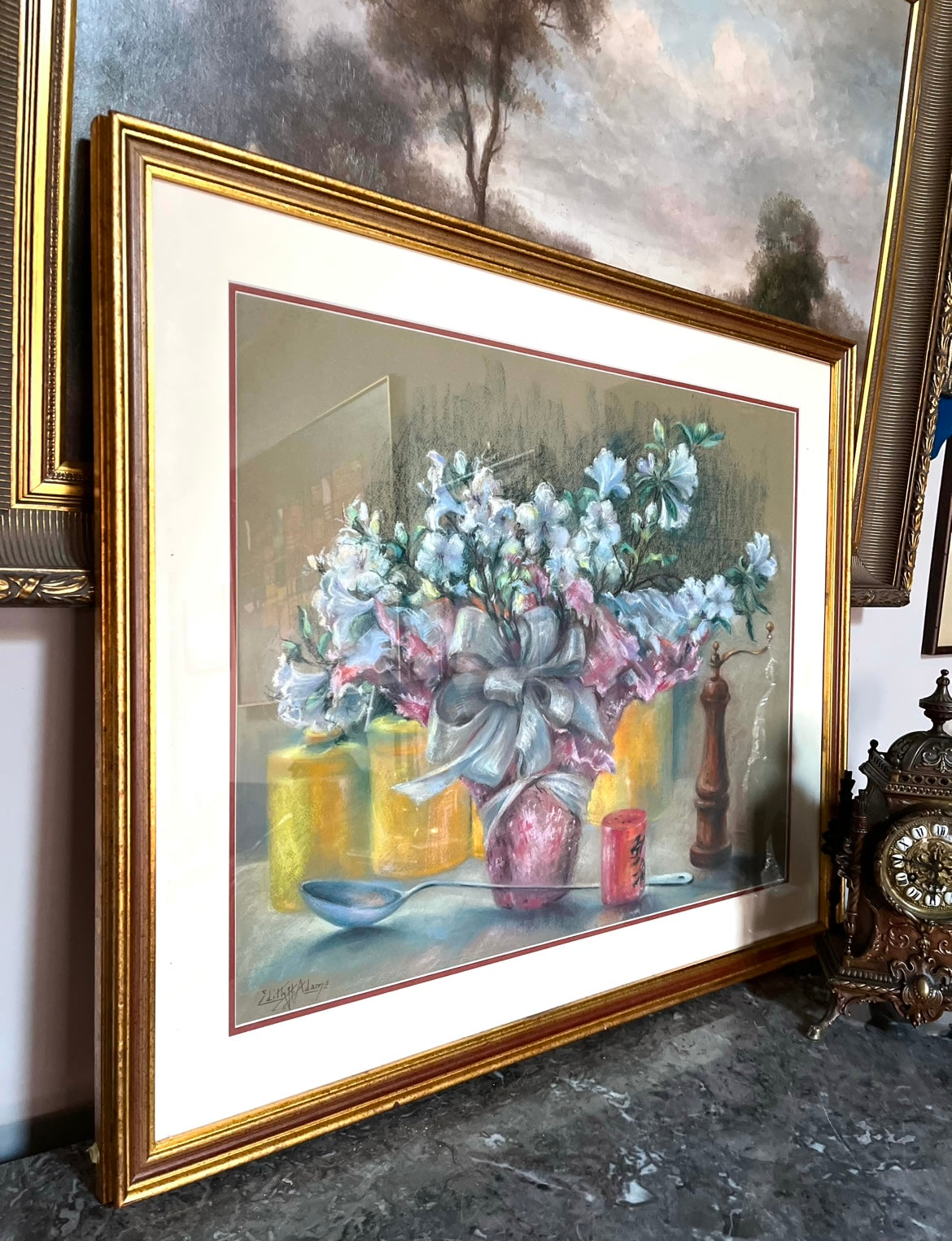 Beautiful Mid Century Original Large Floral Still Life Pastel Signed