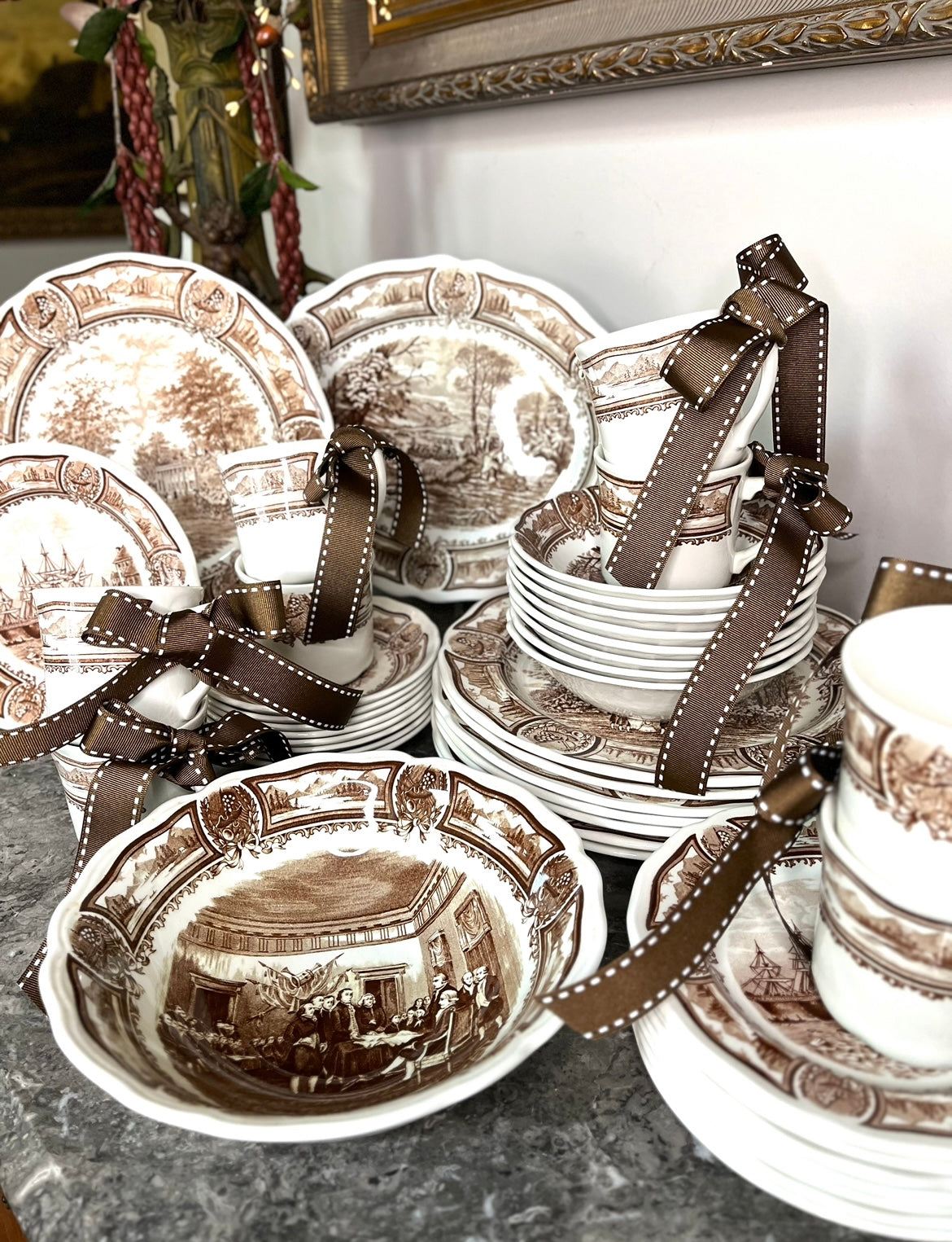 Historic Vintage 1976 English Meaken Brown Transferware Americana China Set - Complete Service For 8 Plus Serving Platter And Bowl