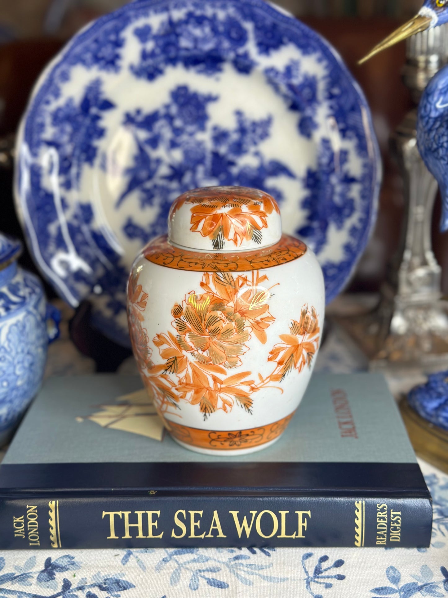 Vintage Rust/ Gold Porcelain Japanese Ginger Jar, 6" Tall - Pristine