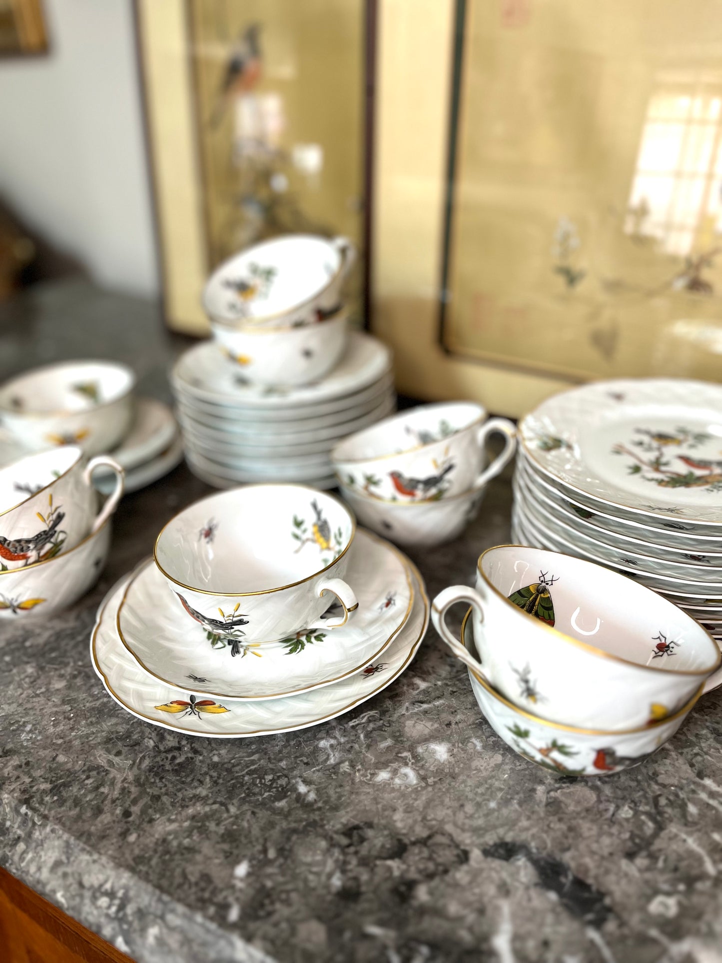 Exquisite Extremely Rare Vintage L. Bernardaud Limoges “Virginie” Birds and Bugs Porcelain Dessert Set - 10 Small Plates/10 Teacups/10 Saucers