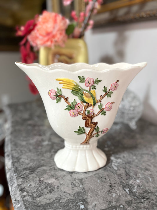 Beautiful Mid Century California Pottery Blossom And Bird Crackle Vase