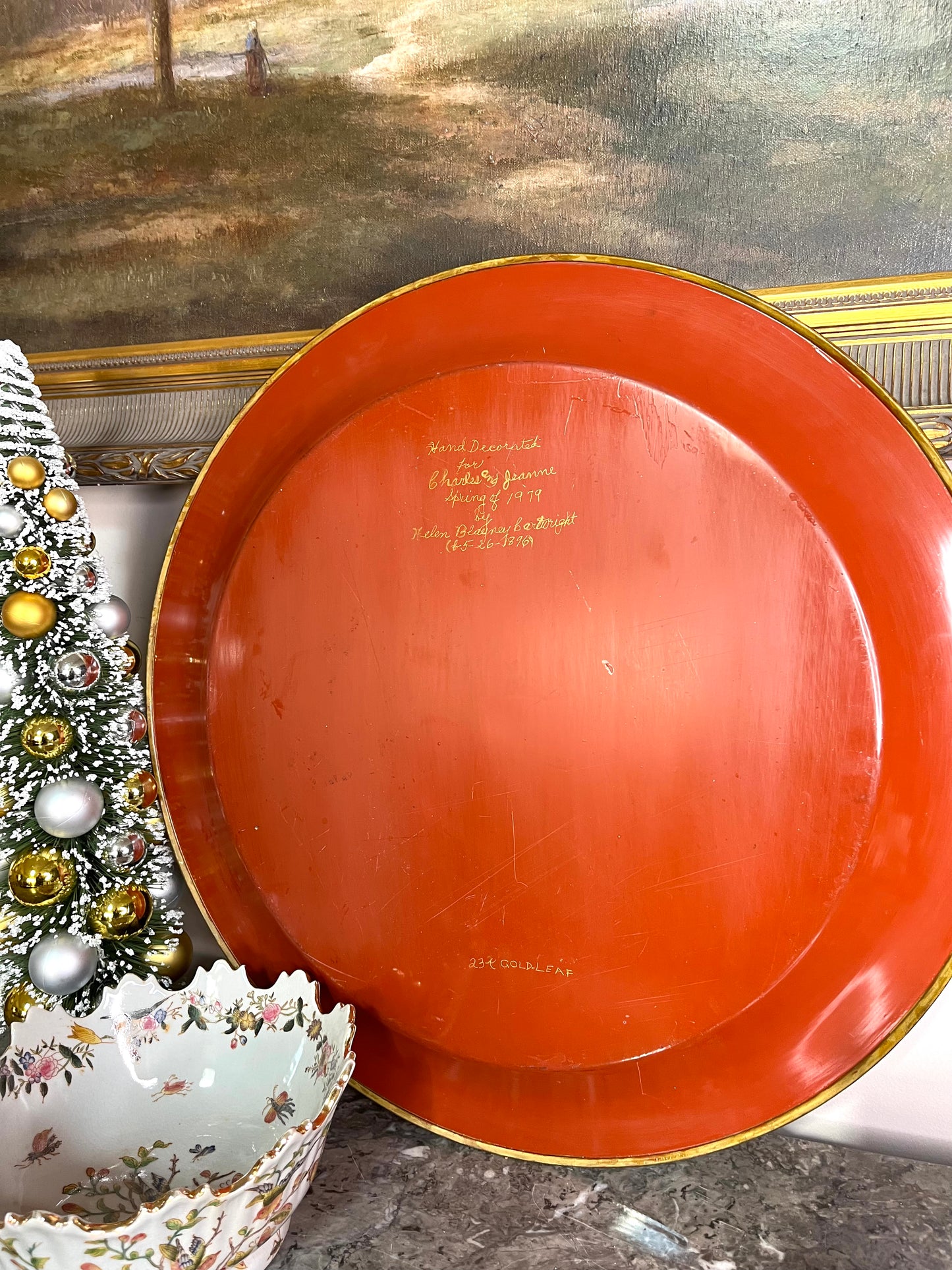 Exquisitely Hand Painted Large Gilded Vintage Phoenix Round Tole Tray