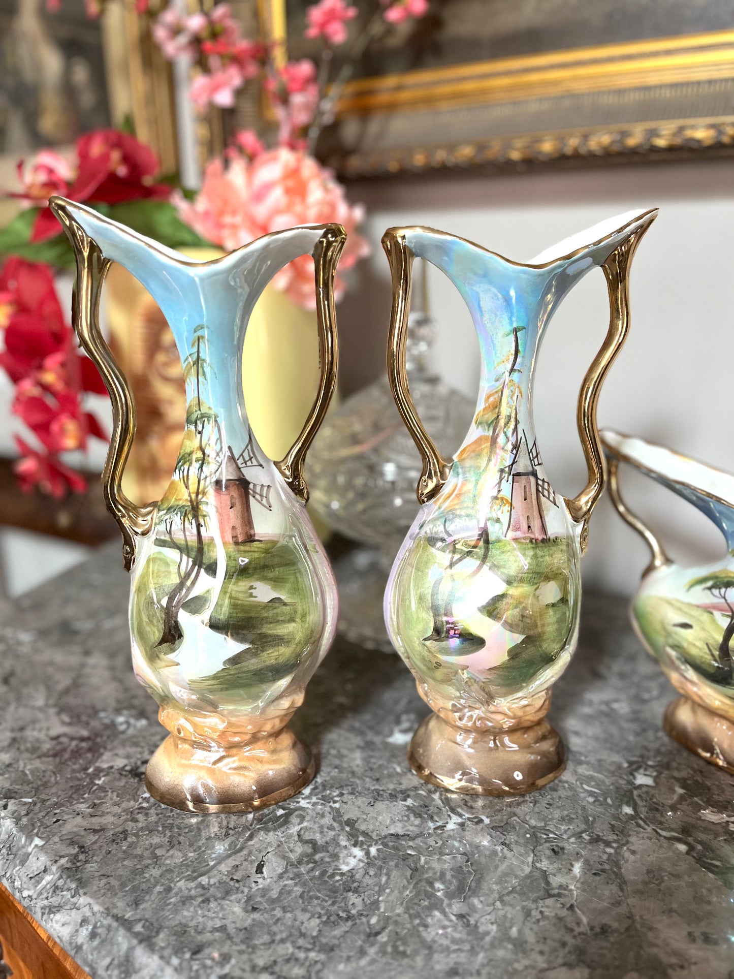 Mid Century Italian Hand Painted 3 Piece Porcelain Garniture