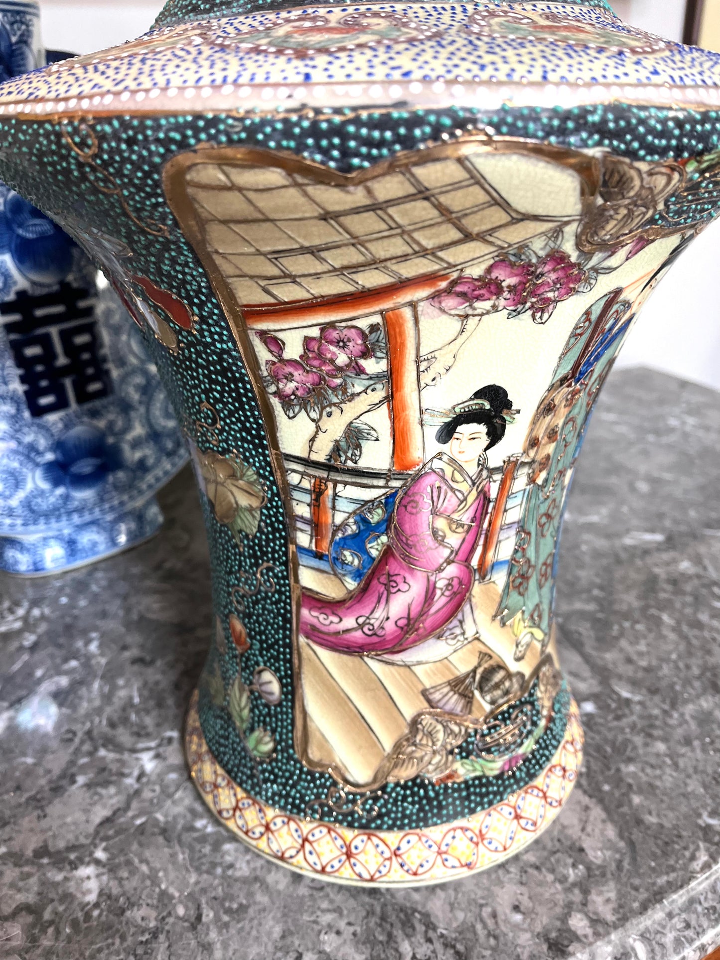 Beautiful Vintage Royal Peacock Green Satsuma Geisha Vase