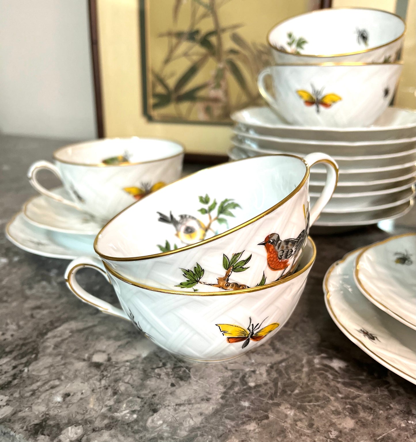 Exquisite Extremely Rare Vintage L. Bernardaud Limoges “Virginie” Birds and Bugs Porcelain Dessert Set - 10 Small Plates/10 Teacups/10 Saucers