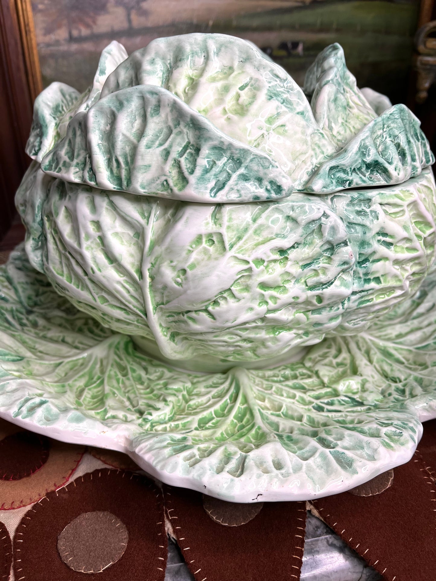 Amazing Hand Painted Large Vintage Italian Cabbageware Tureen And Under Plate