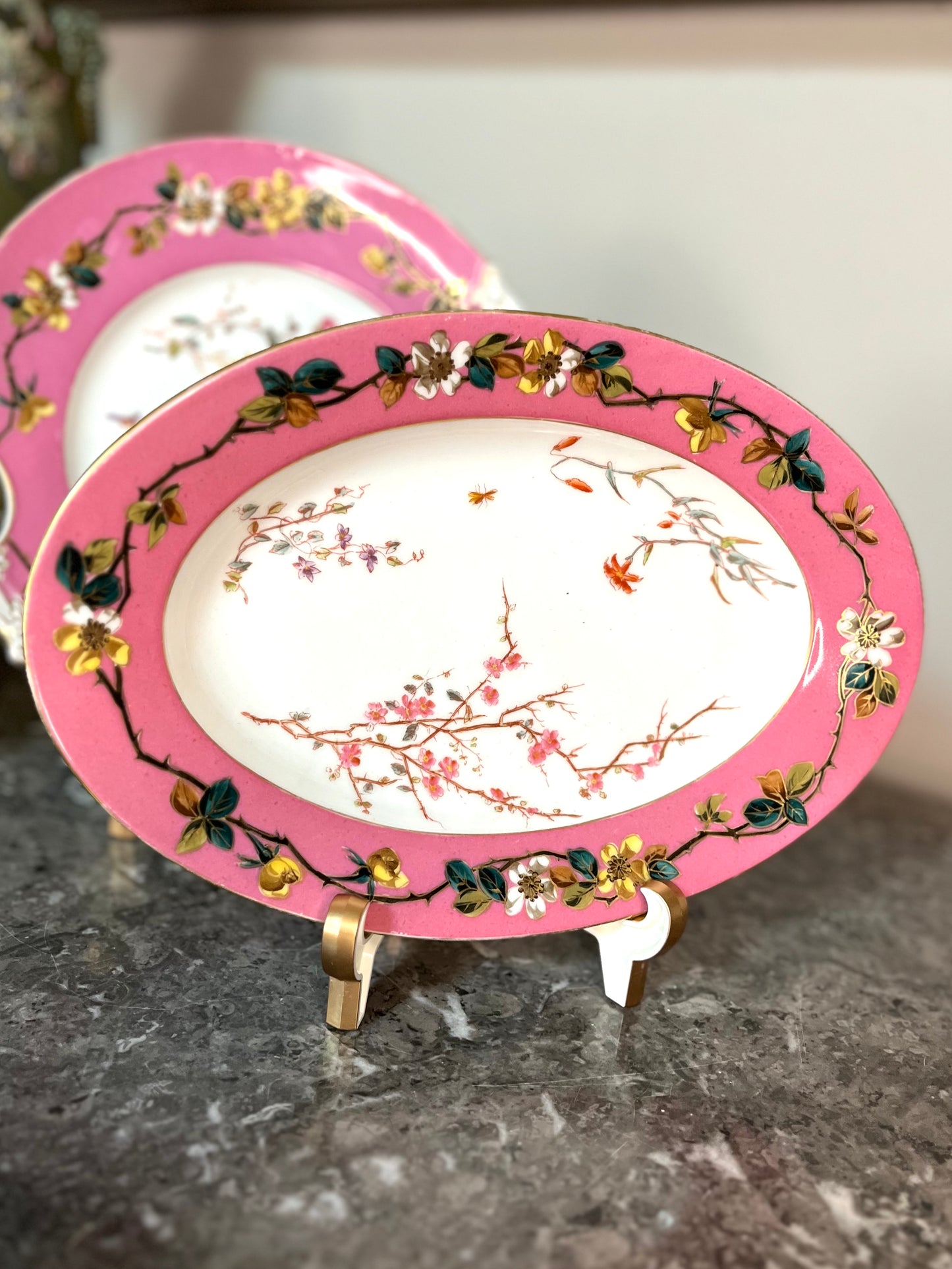 Antique Beautiful Rare T&V Limoges Plum Blossom Oval Platter, Handled Tray, And 8 Dessert Plates Late 1800’s-Pre 1920