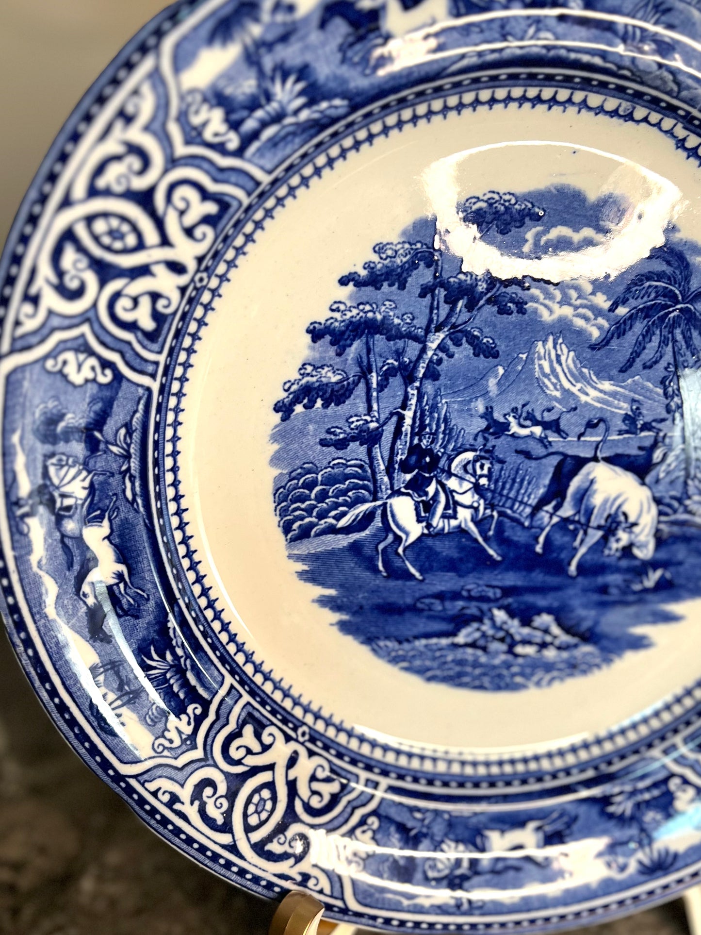 Antique Late 1800’s Blue Transferware George Jones & Sons Toro Porcelain Plate With Pastoral Horse And Bull- Mint