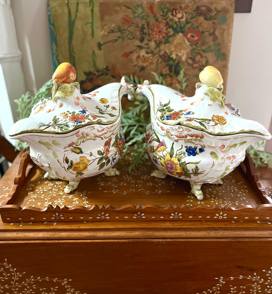 Amazing Pair Of Beautiful Italian Vintage Hand Painted Soup Tureens