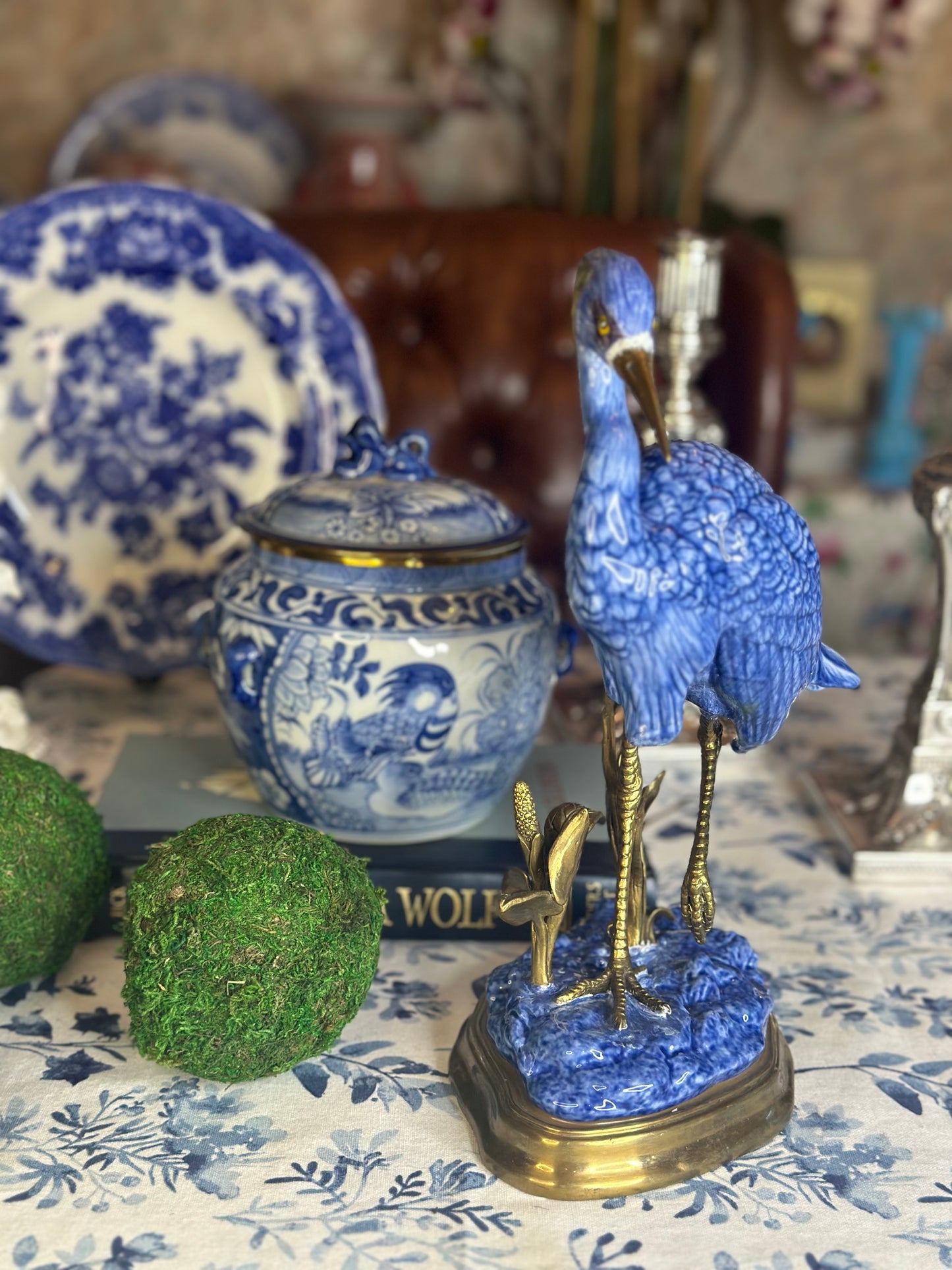 12” Blue & White Porcelain & Bronze Crane Figure on base