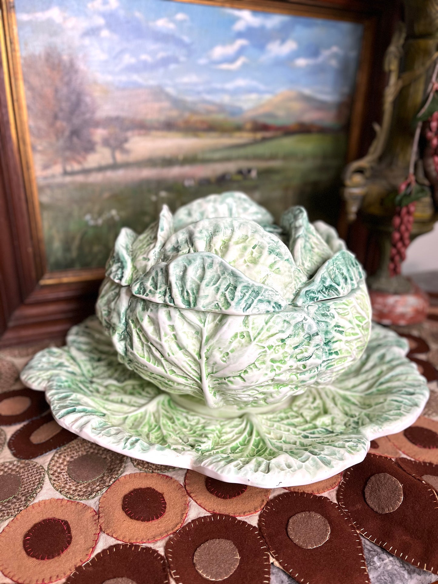 Amazing Hand Painted Large Vintage Italian Cabbageware Tureen And Under Plate