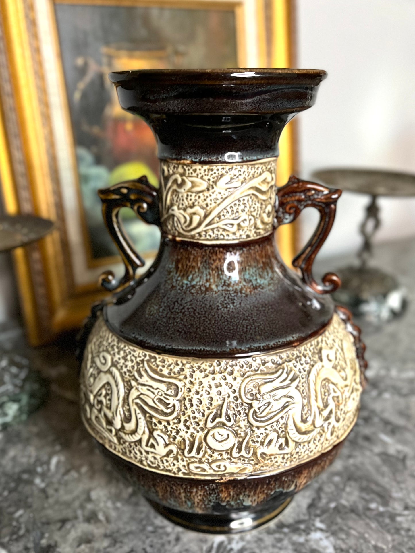 Gorgeous Vintage Chinese Carved Relief Dragon And Pearl Drip Glaze Vase