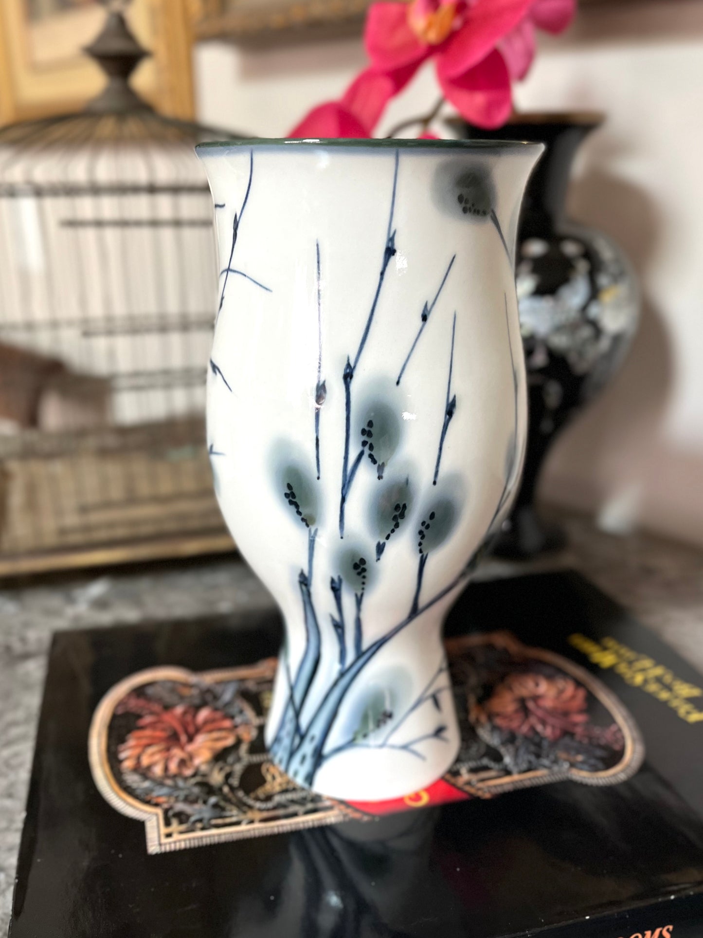 Graceful Vintage Blue and White Willow Porcelain Vase,  9 1/2”h x 5”w