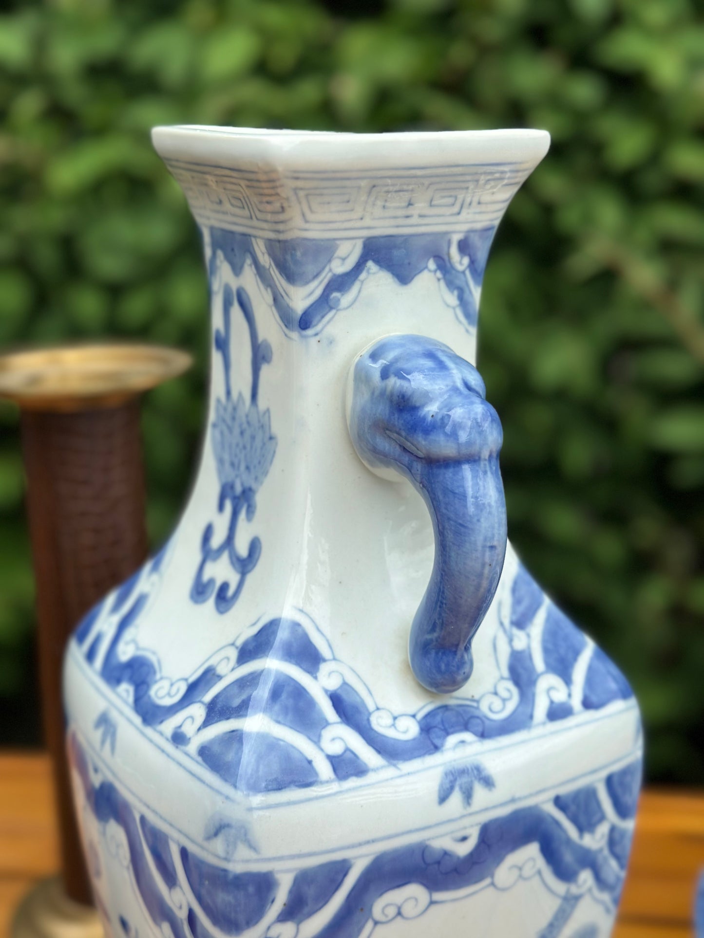 Blue & White, 13” Tall Vase, Foo Handles - Pristine!