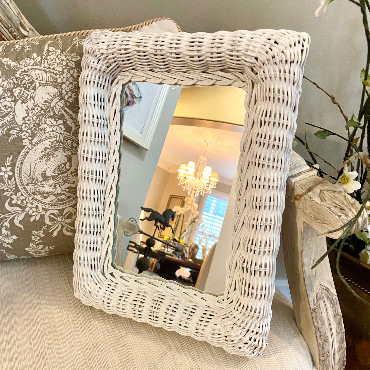 Vintage White Woven Rattan rectangular Mirror,