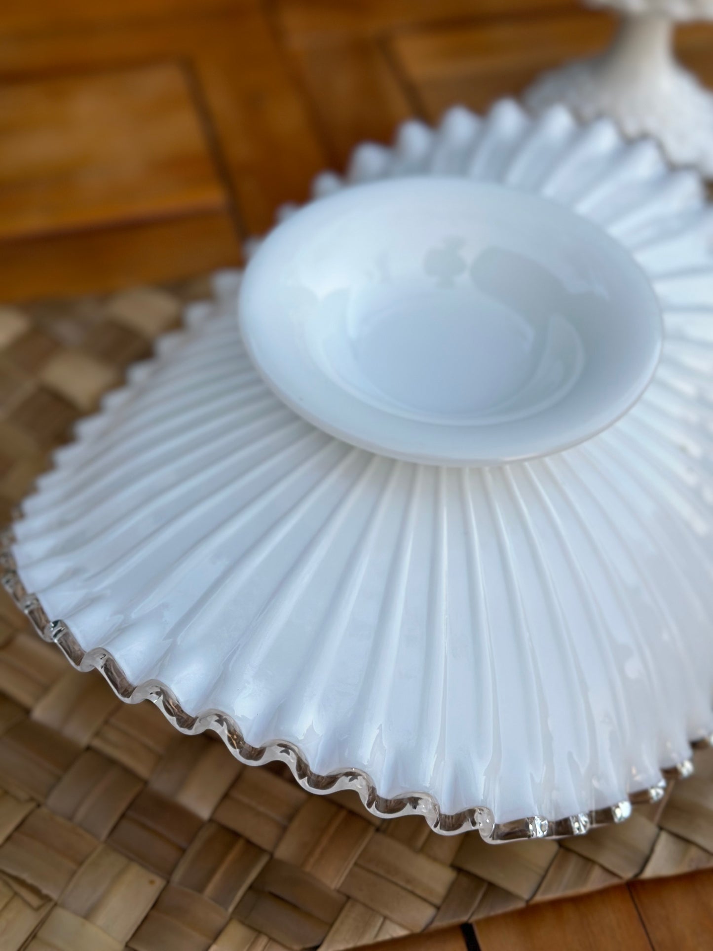 Vintage Fenton Silver Crest Milk Ruffle Glass Fruit Bowl, 12" Long - Pristine!