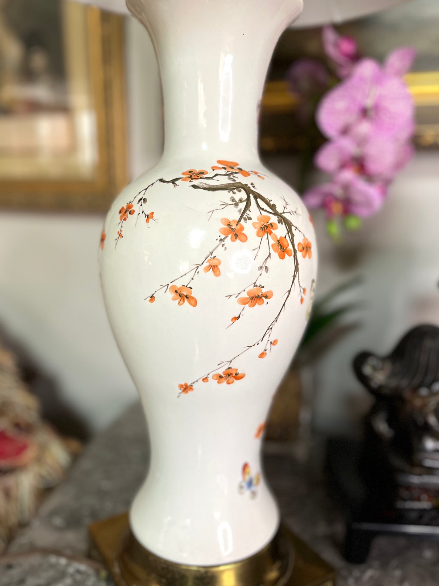 Chic Chinoiserie Plum Blossom and Butterfly Hand Painted Lamp on Brass Base