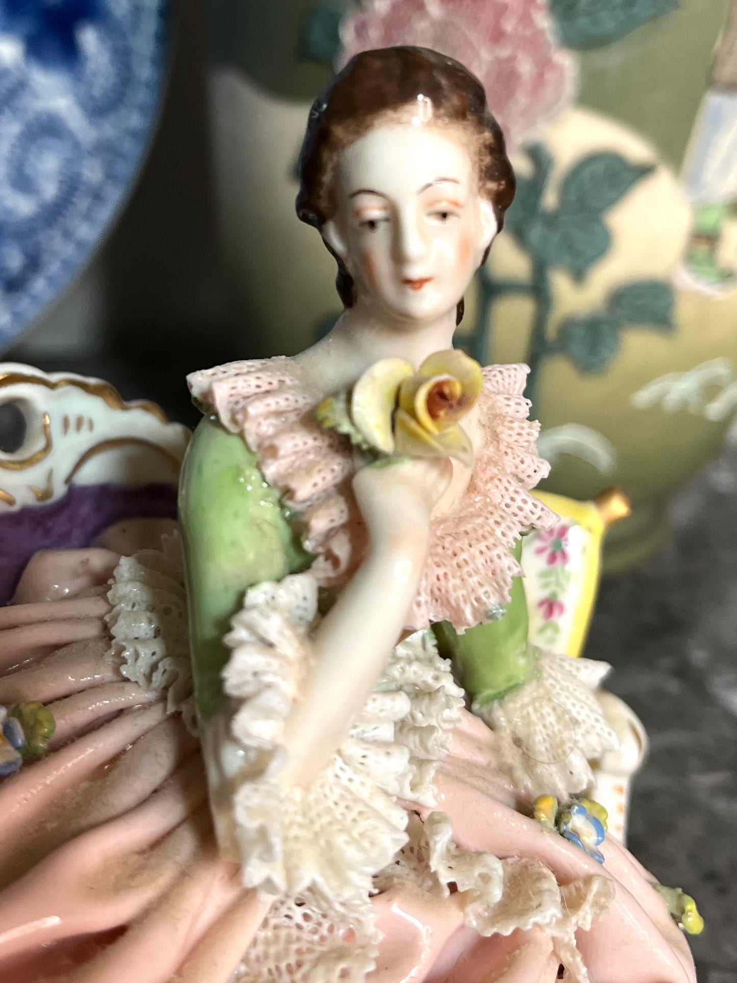 Beautiful Antique Dresden Lace Porcelain Lady With Pillow Figurine - Victorian