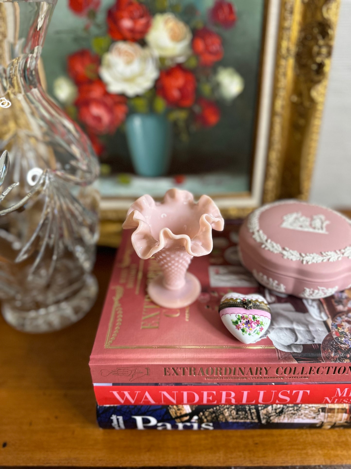 PRISTINE Fenton PINK HOBNAIL 4" double crimped footed vase