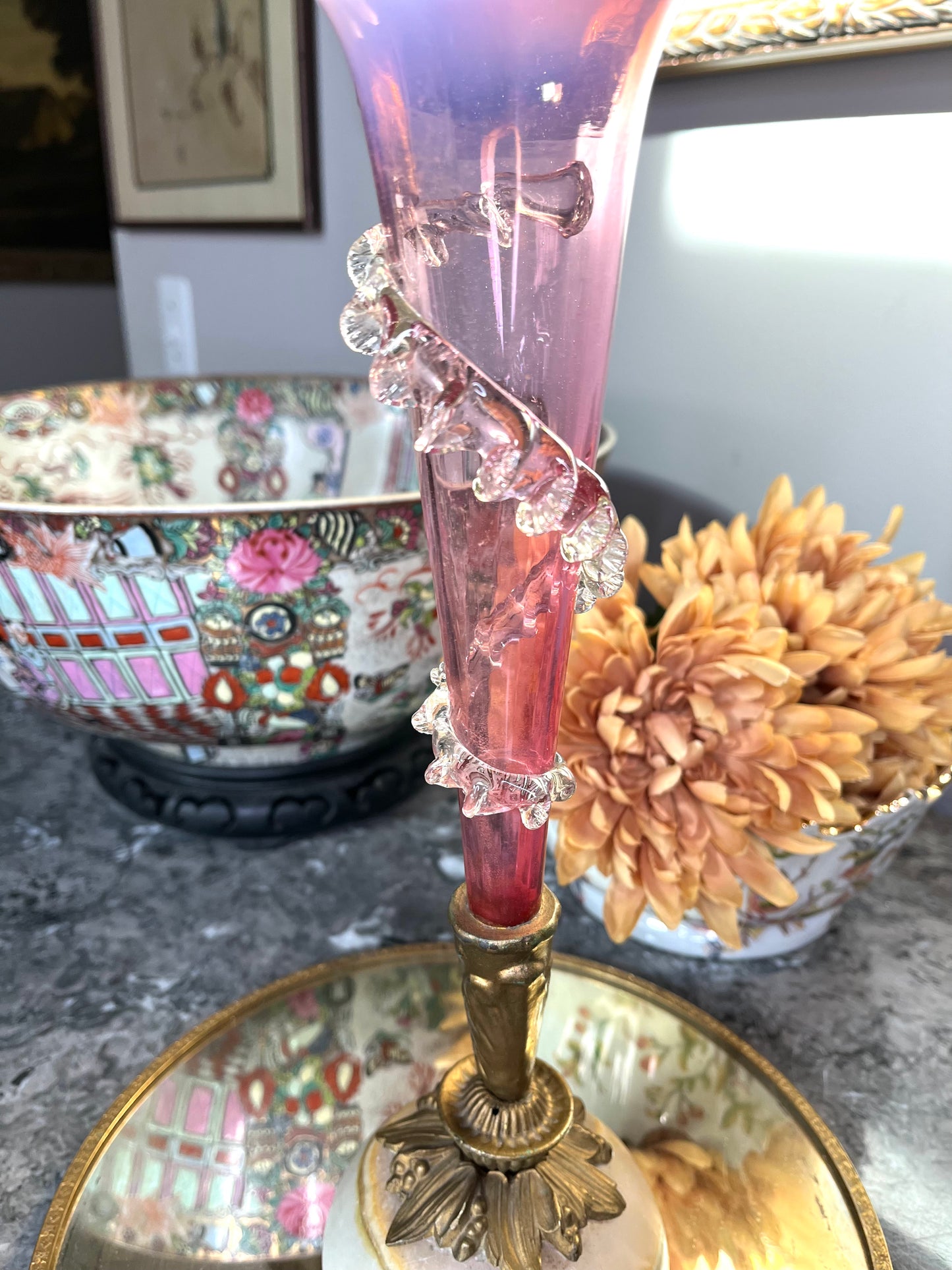 Gorgeous 19th Century Victorian Hand Blown Glass In Brass Vase With Marble Pedastal