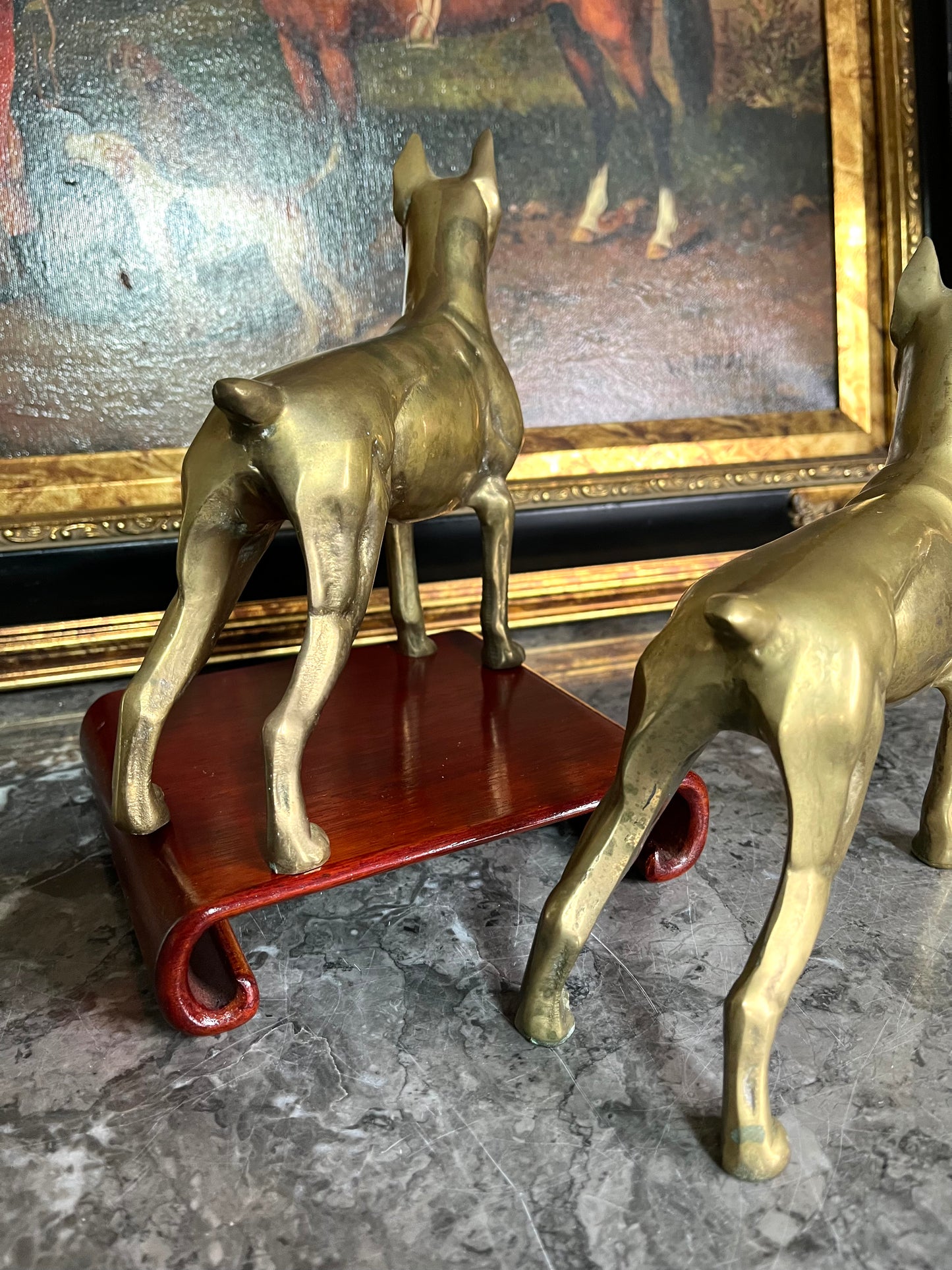 Stately Vintage Pair Of Commanding Brass Doberman/Great Dane Dogs Statues/Bookends