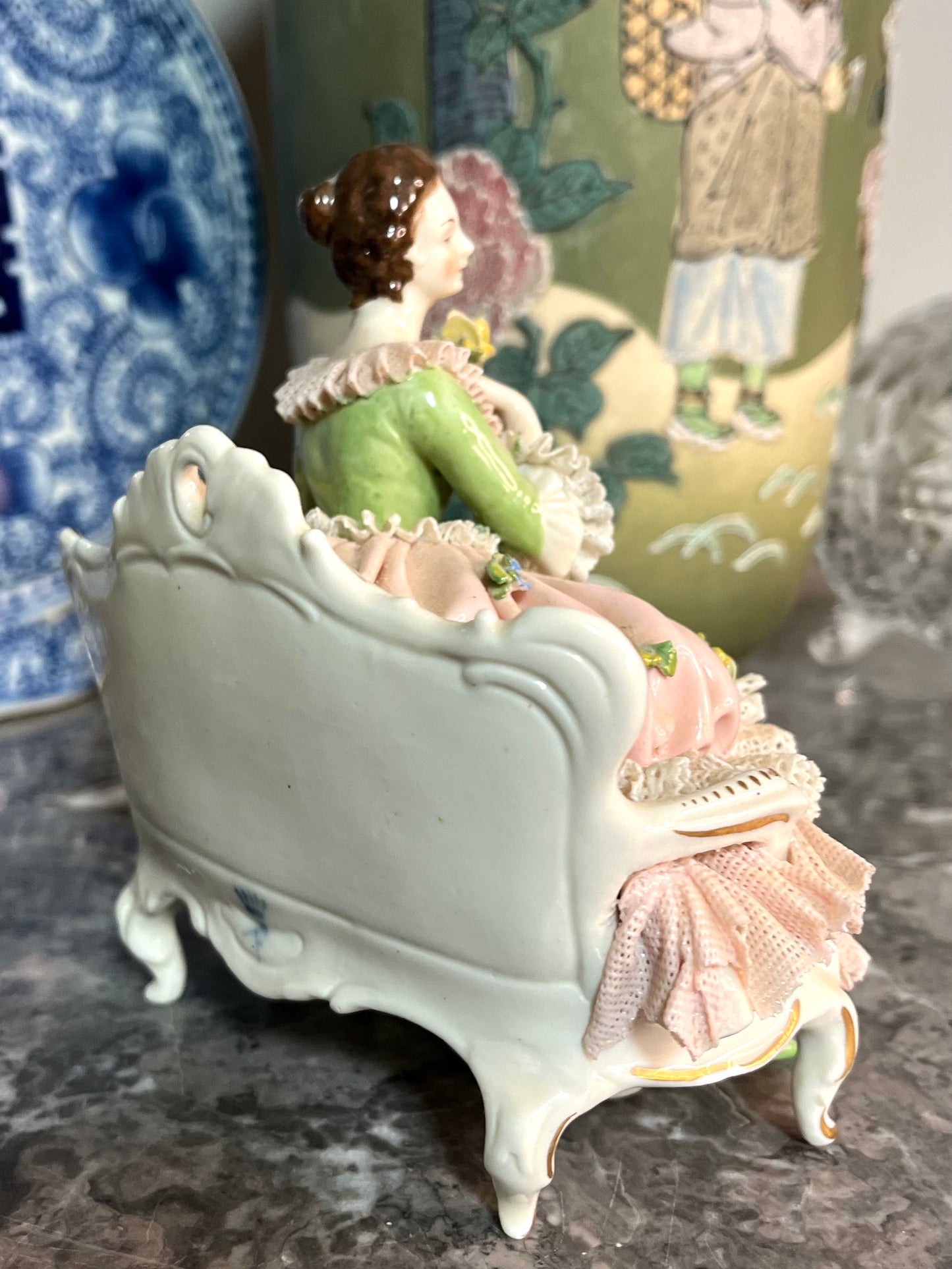 Beautiful Antique Dresden Lace Porcelain Lady With Pillow Figurine - Victorian