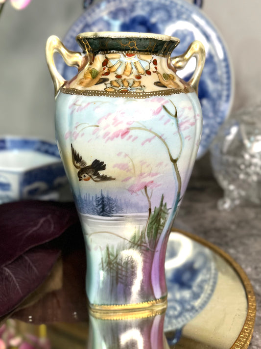 Antique 1800’s Stunning Old Imperial Nippon Japanese Hand Painted Sunset And Bird Vase Signed