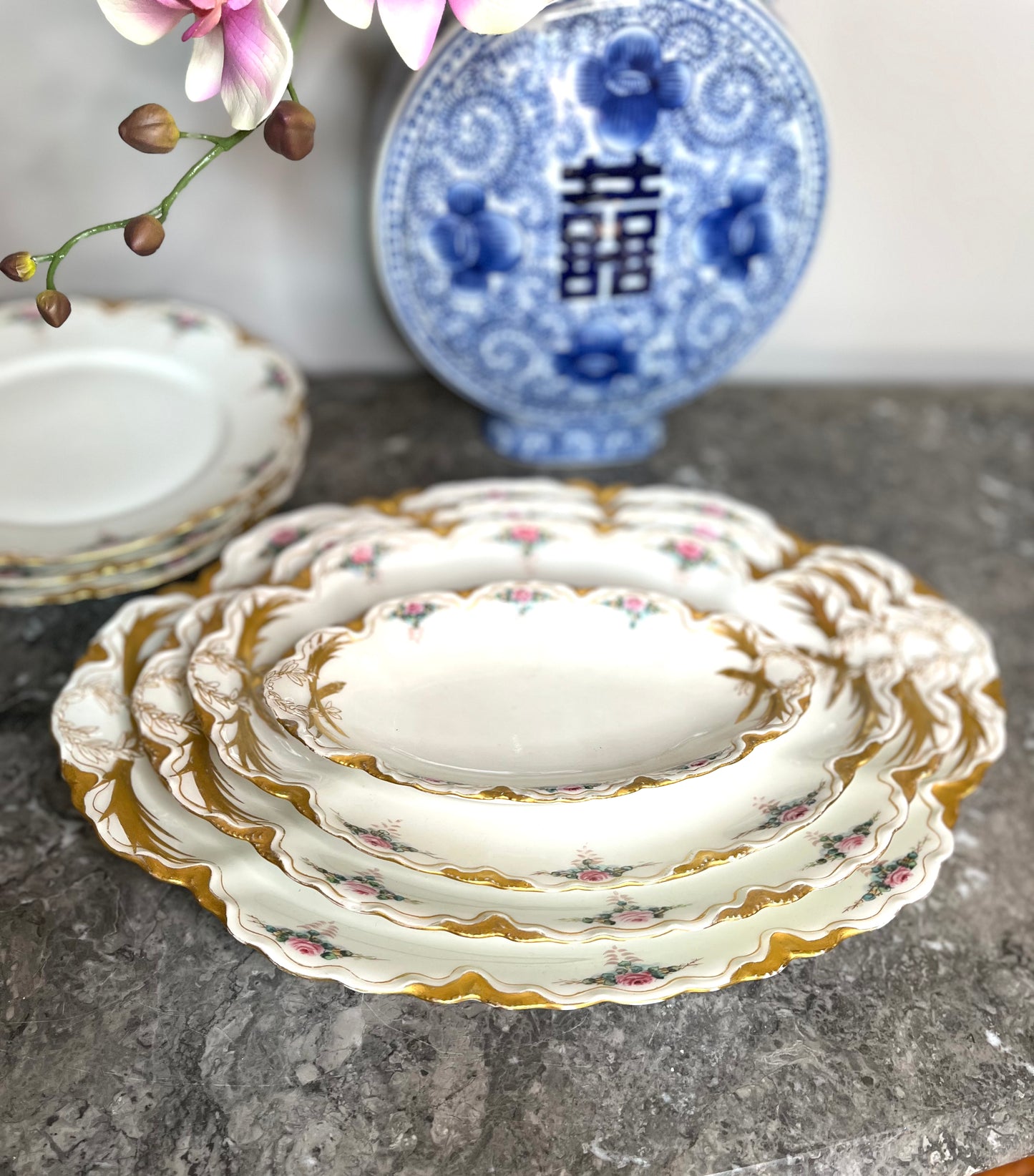 Gorgeous Antique Turn of 20th Century Haviland France 4 Platter Set With 3 Bonus Dinner Plates