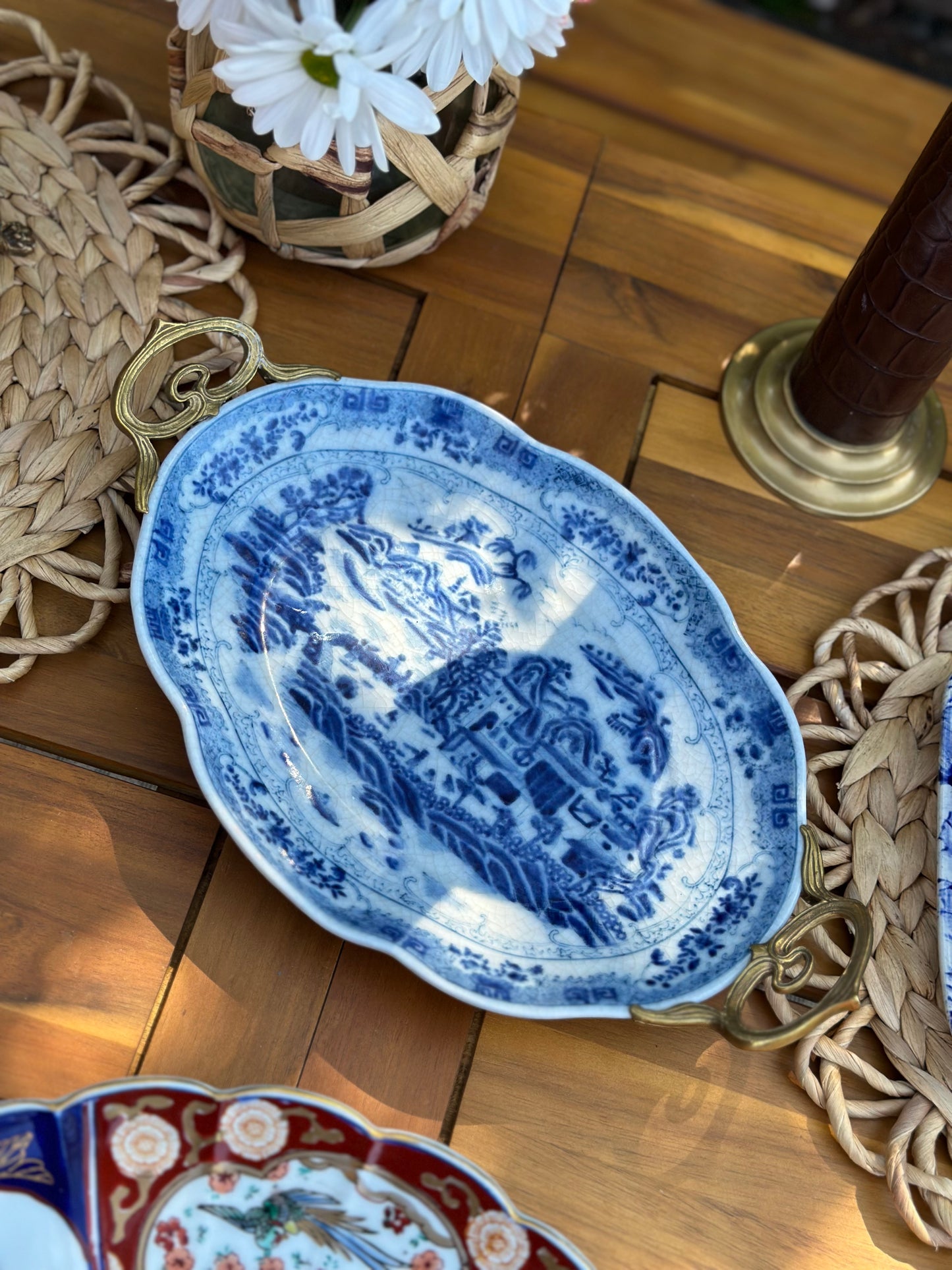 Blue and White Pagoda, Bronze detailed platter - 13L X 8W X 1.5H