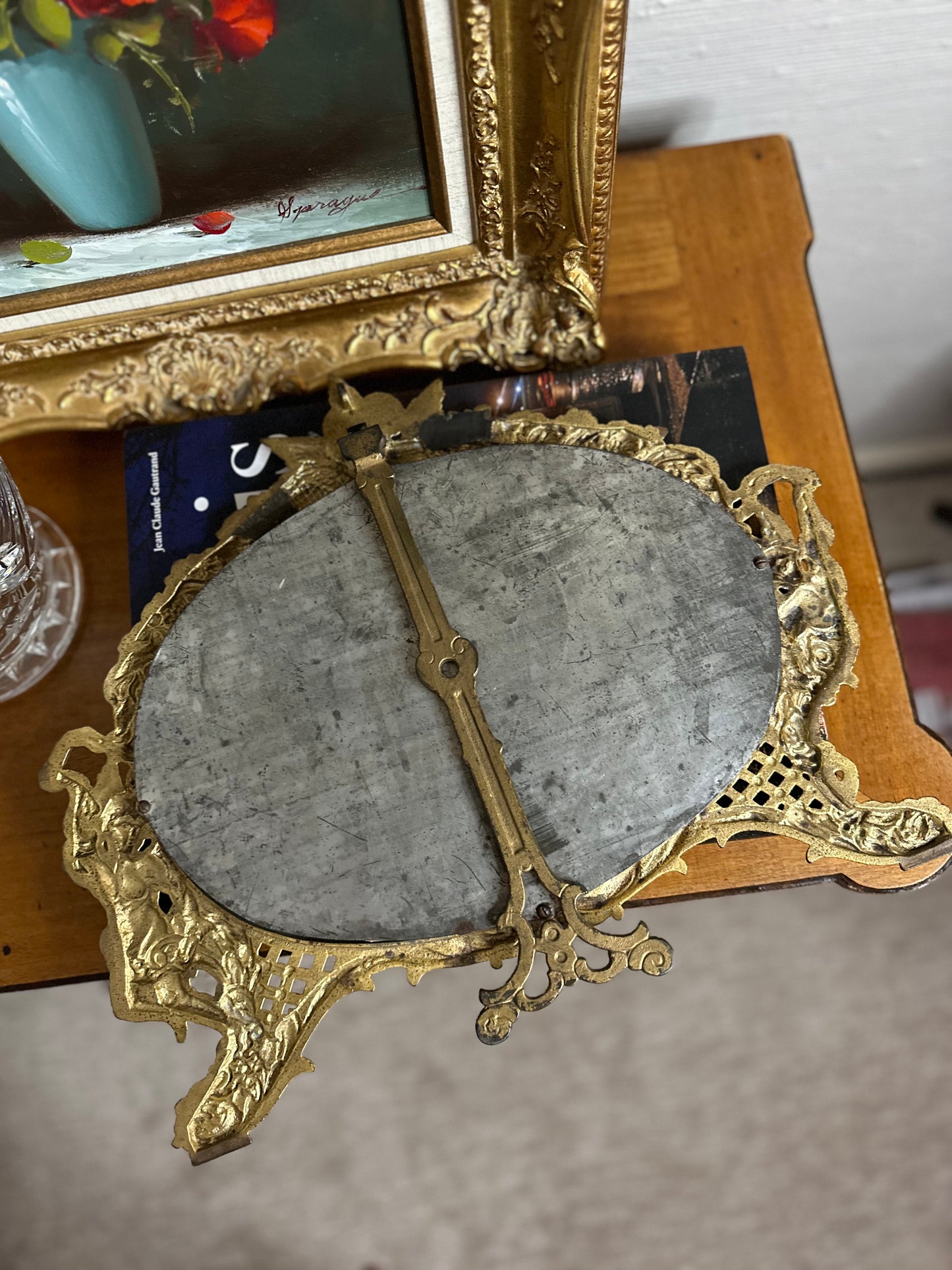 STUNNING! Antique Victorian Brass Cherub Vanity Mirror - late 19th Century