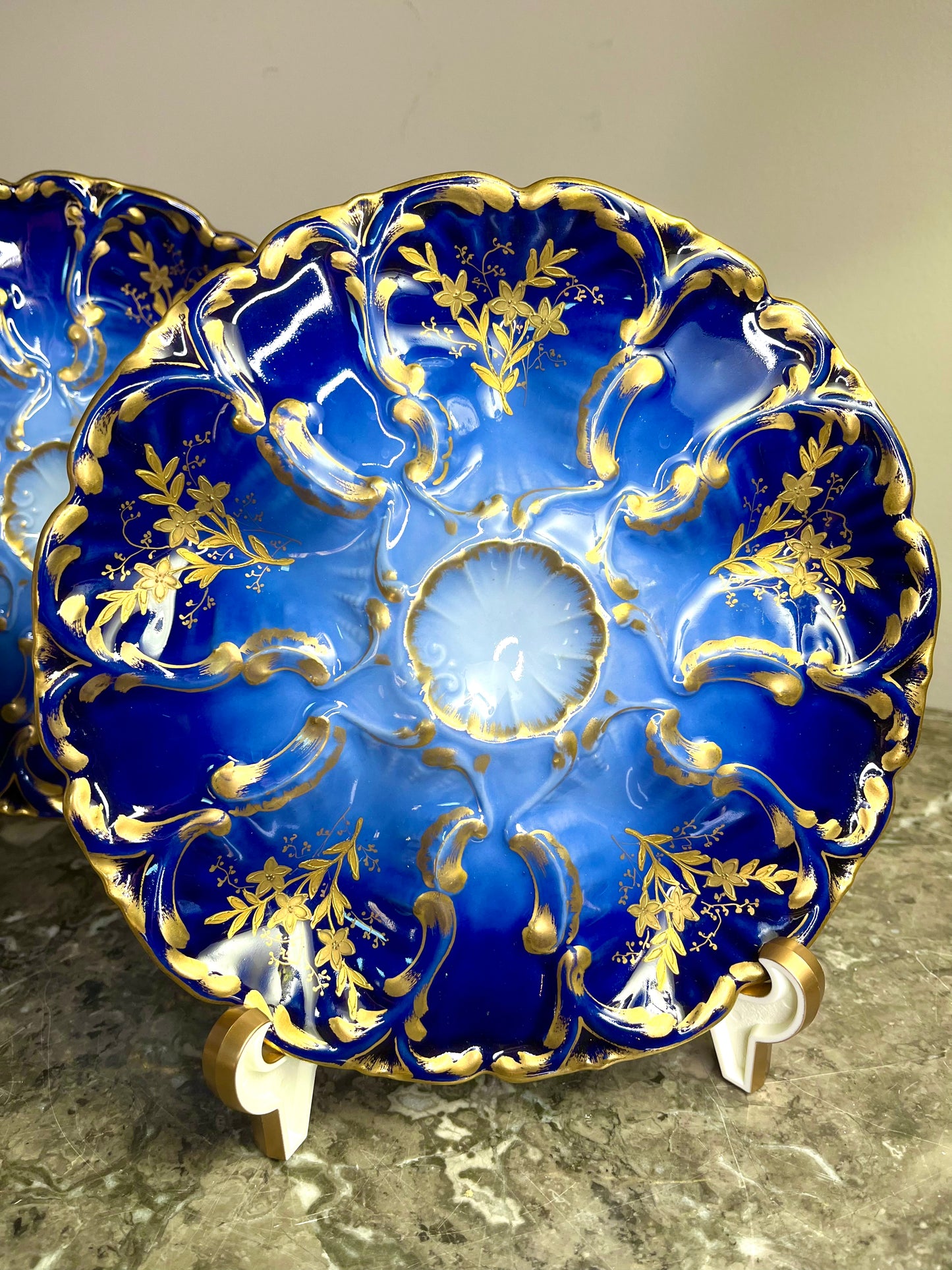 Rare Antique Limoges Cobalt And Gilded 1890-1926 Stunning Oyster Plates