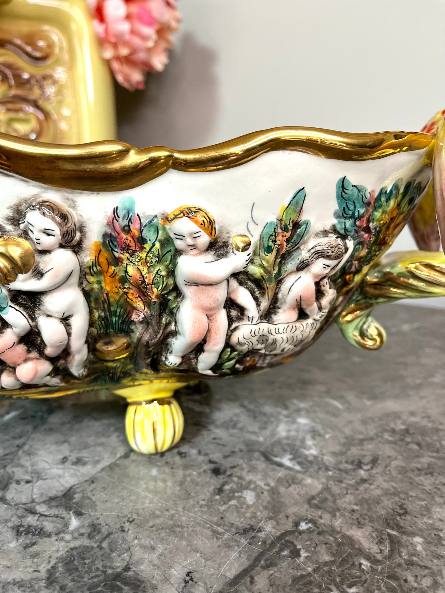 Beautiful Large Vintage Capodimonte Hand Painted Italian Planter With Relief Children and Lambs