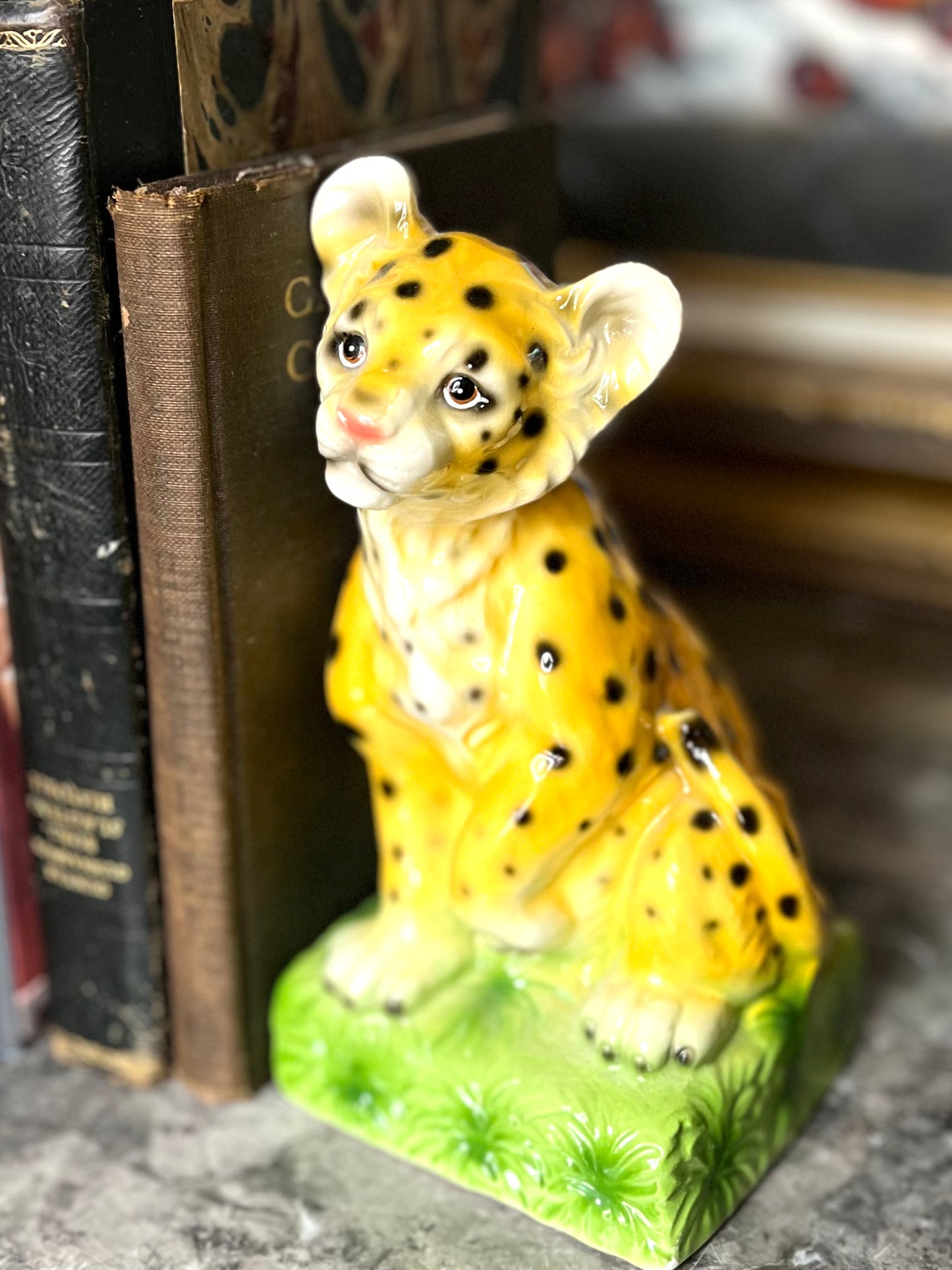 Reserved Maria Adorable Vintage Porcelain Aldon Cheetah/Leopard Cub Bookends - Repair Priced Accordingly