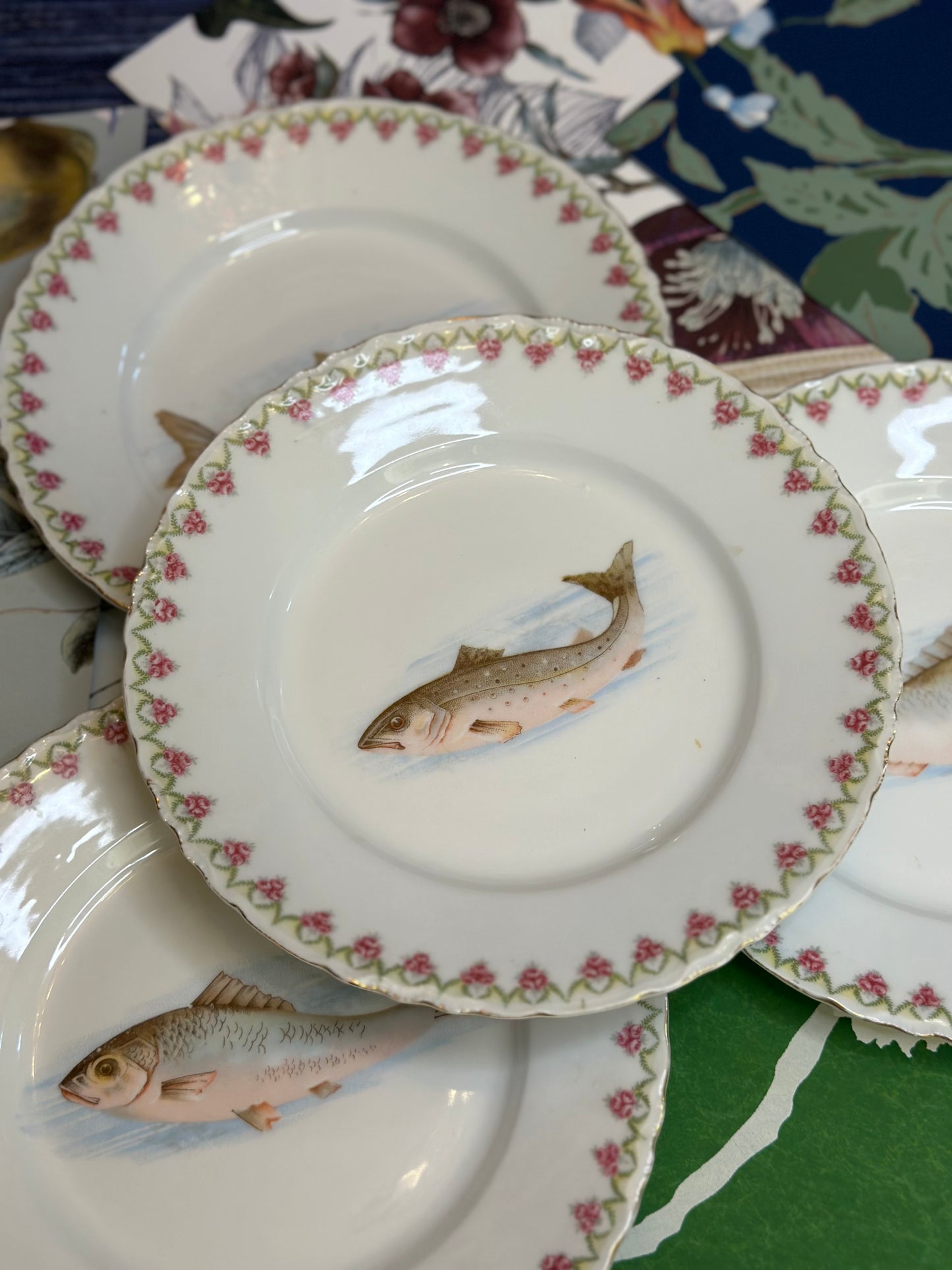 Antique Set (4) 8.5”D Fish Plates - Pristine!