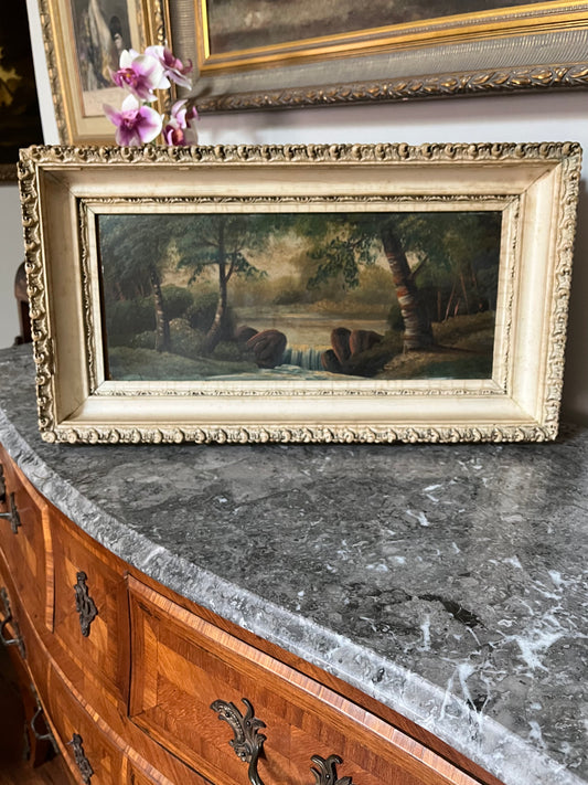 Antique 1700’s Original Oil On Board Waterfall Landscape In Original Frame, 23 1/2L x 12 1/2”H x 2 1/2”D