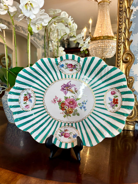 Gorgeous Vintage Floral & Teal Striped Porcelain Platter