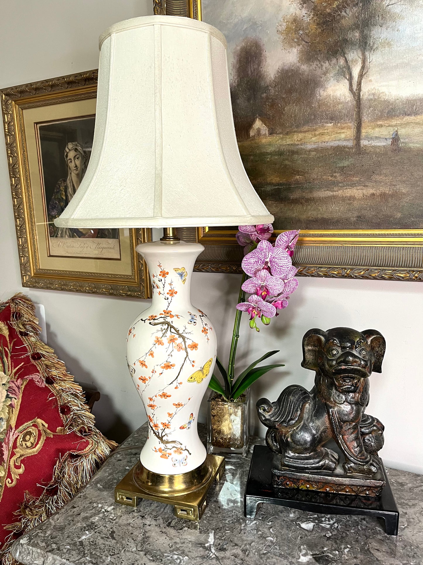 Chic Chinoiserie Plum Blossom and Butterfly Hand Painted Lamp on Brass Base