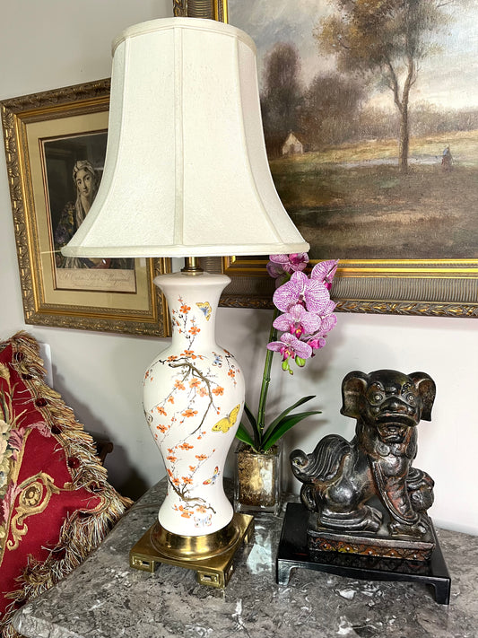 Chic Chinoiserie Plum Blossom and Butterfly Hand Painted Lamp on Brass Base