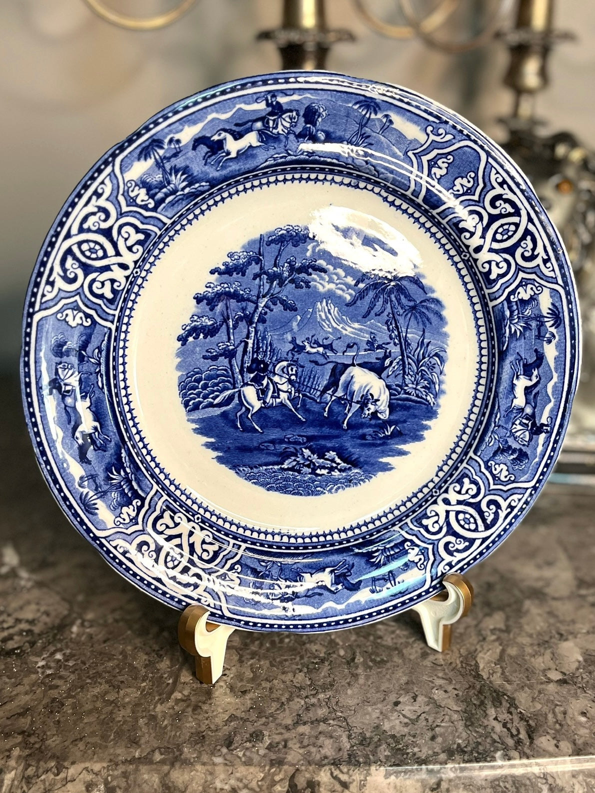 Antique Late 1800’s Blue Transferware George Jones & Sons Toro Porcelain Plate With Pastoral Horse And Bull- Mint