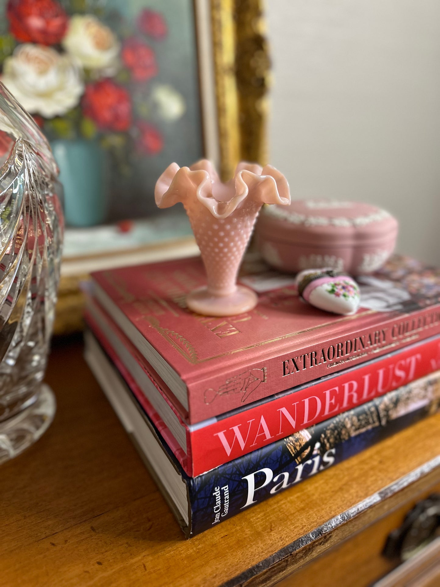 PRISTINE Fenton PINK HOBNAIL 4" double crimped footed vase