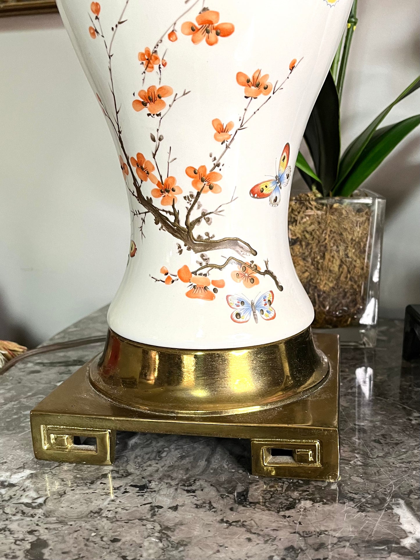 Chic Chinoiserie Plum Blossom and Butterfly Hand Painted Lamp on Brass Base