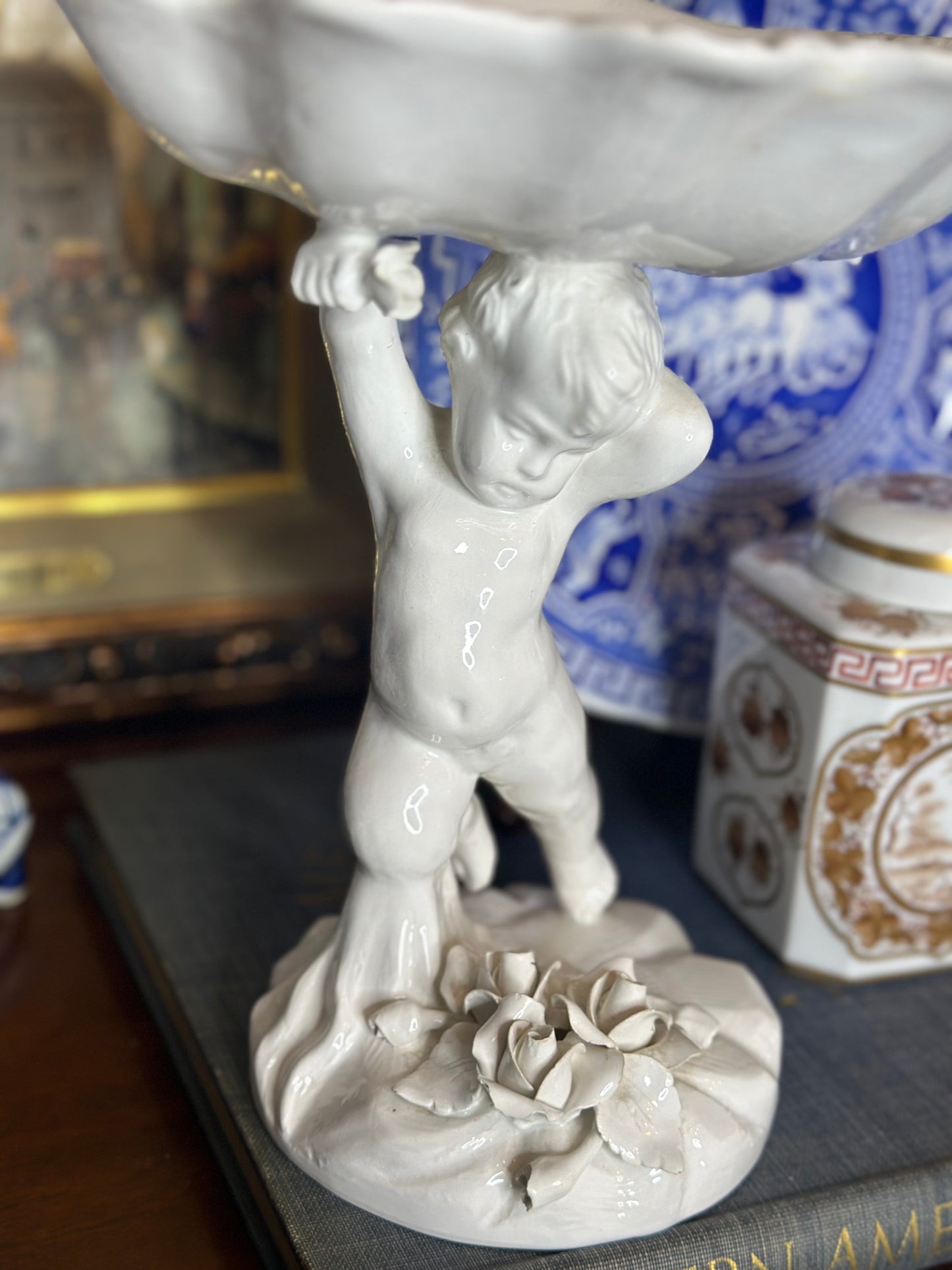 Vintage Italian cherub compote, 10” tall - Excellent!