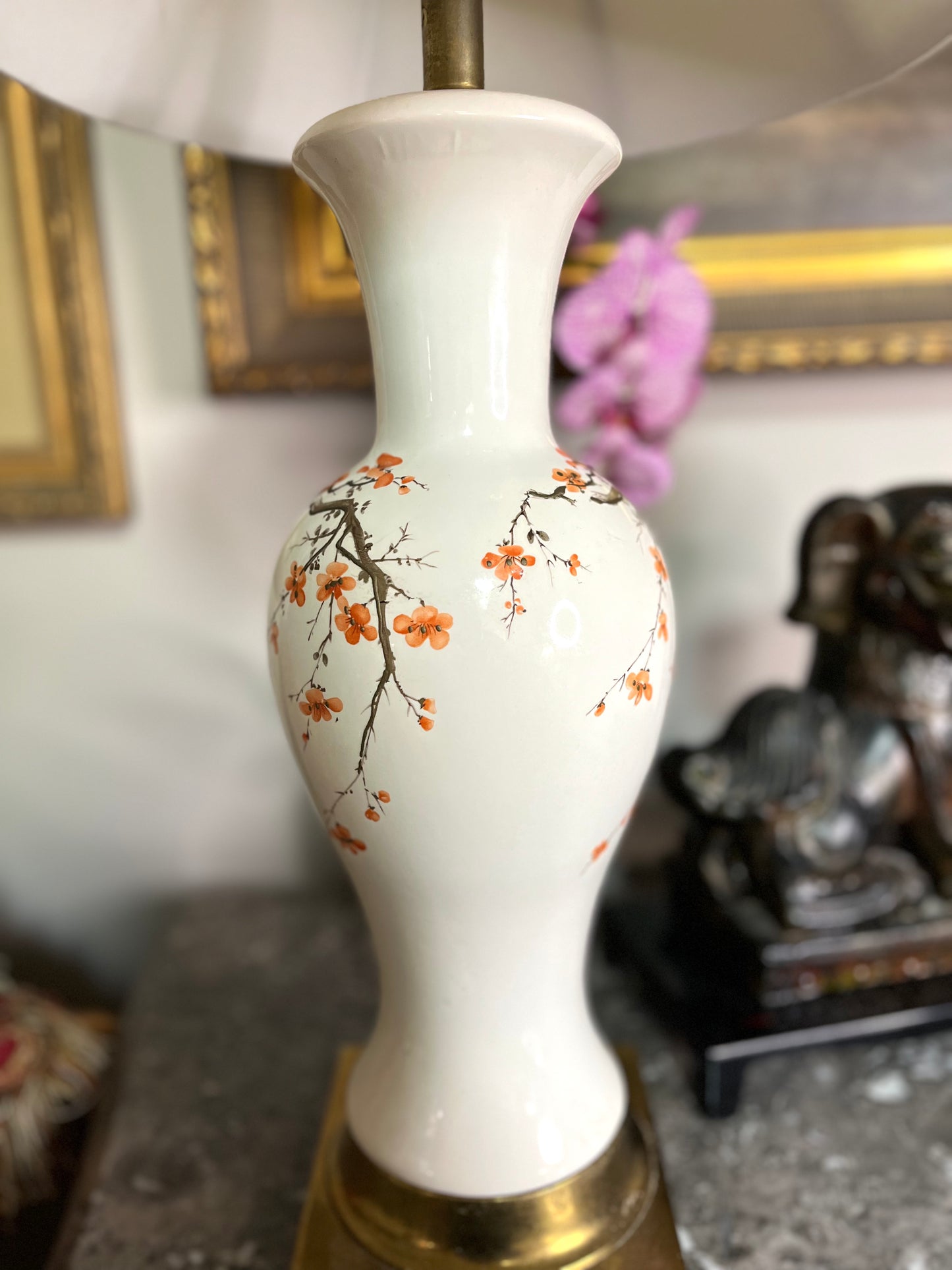 Chic Chinoiserie Plum Blossom and Butterfly Hand Painted Lamp on Brass Base