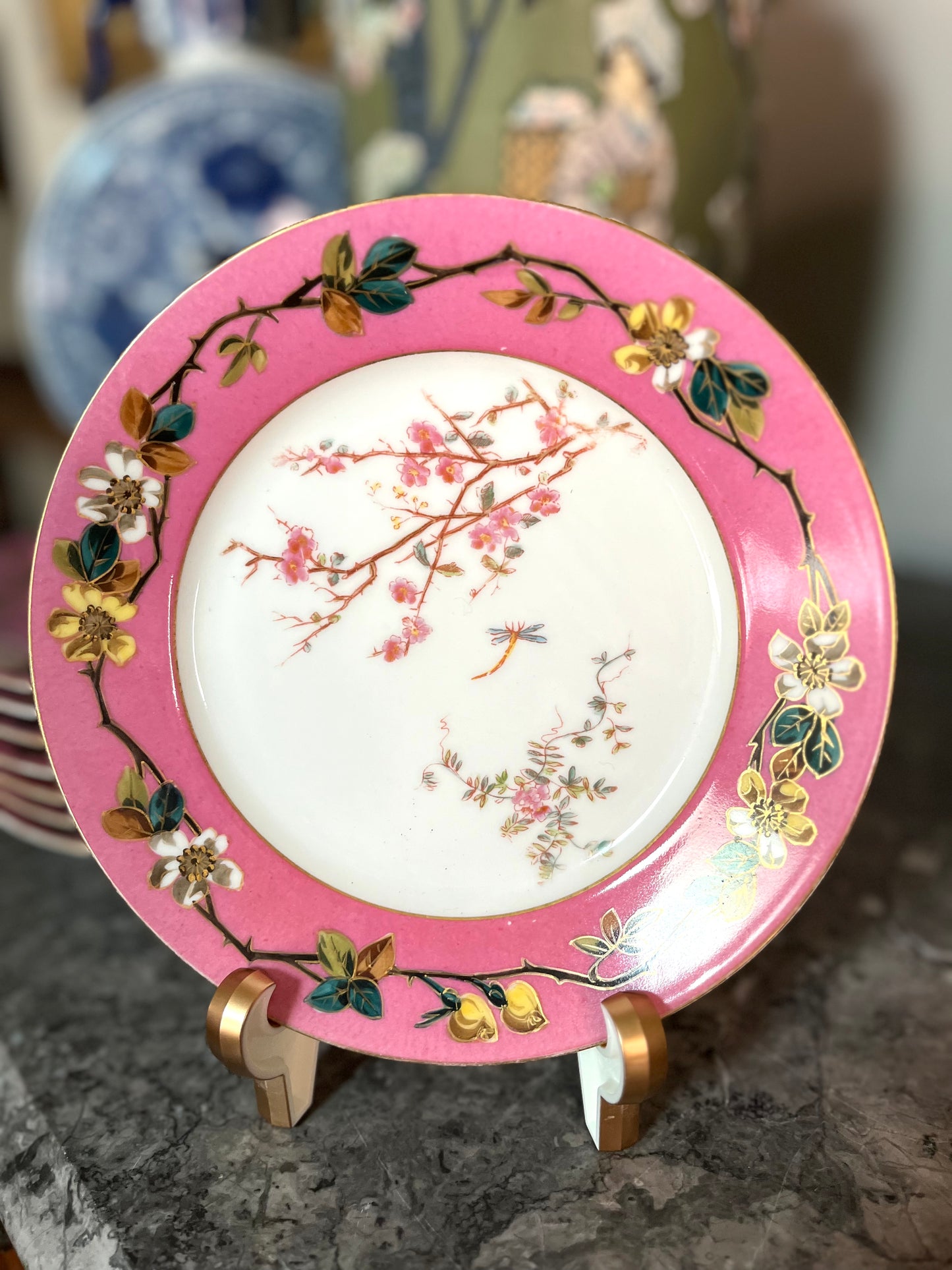 Antique Beautiful Rare T&V Limoges Plum Blossom Oval Platter, Handled Tray, And 8 Dessert Plates Late 1800’s-Pre 1920