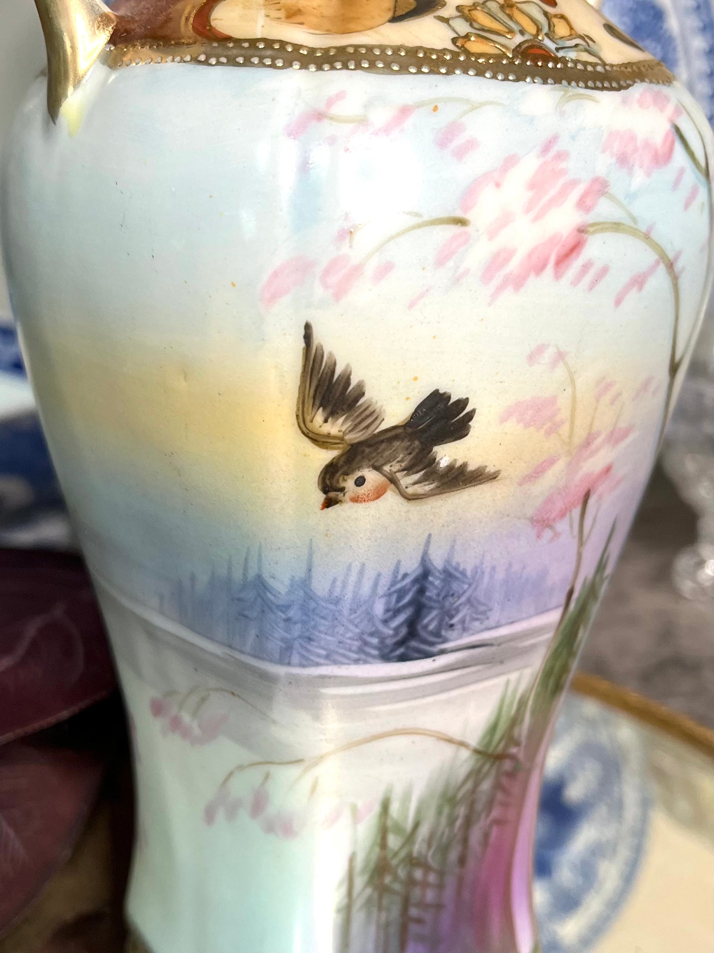 Antique 1800’s Stunning Old Imperial Nippon Japanese Hand Painted Sunset And Bird Vase Signed