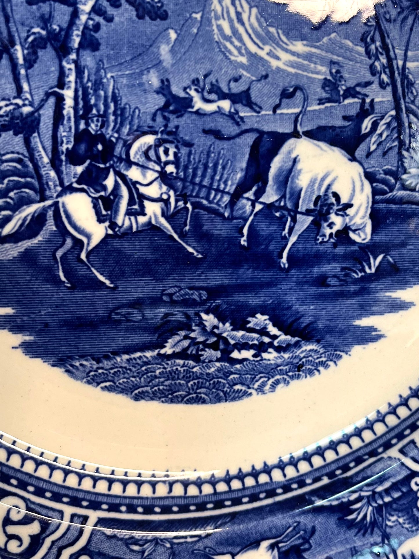 Antique Late 1800’s Blue Transferware George Jones & Sons Toro Porcelain Plate With Pastoral Horse And Bull- Mint