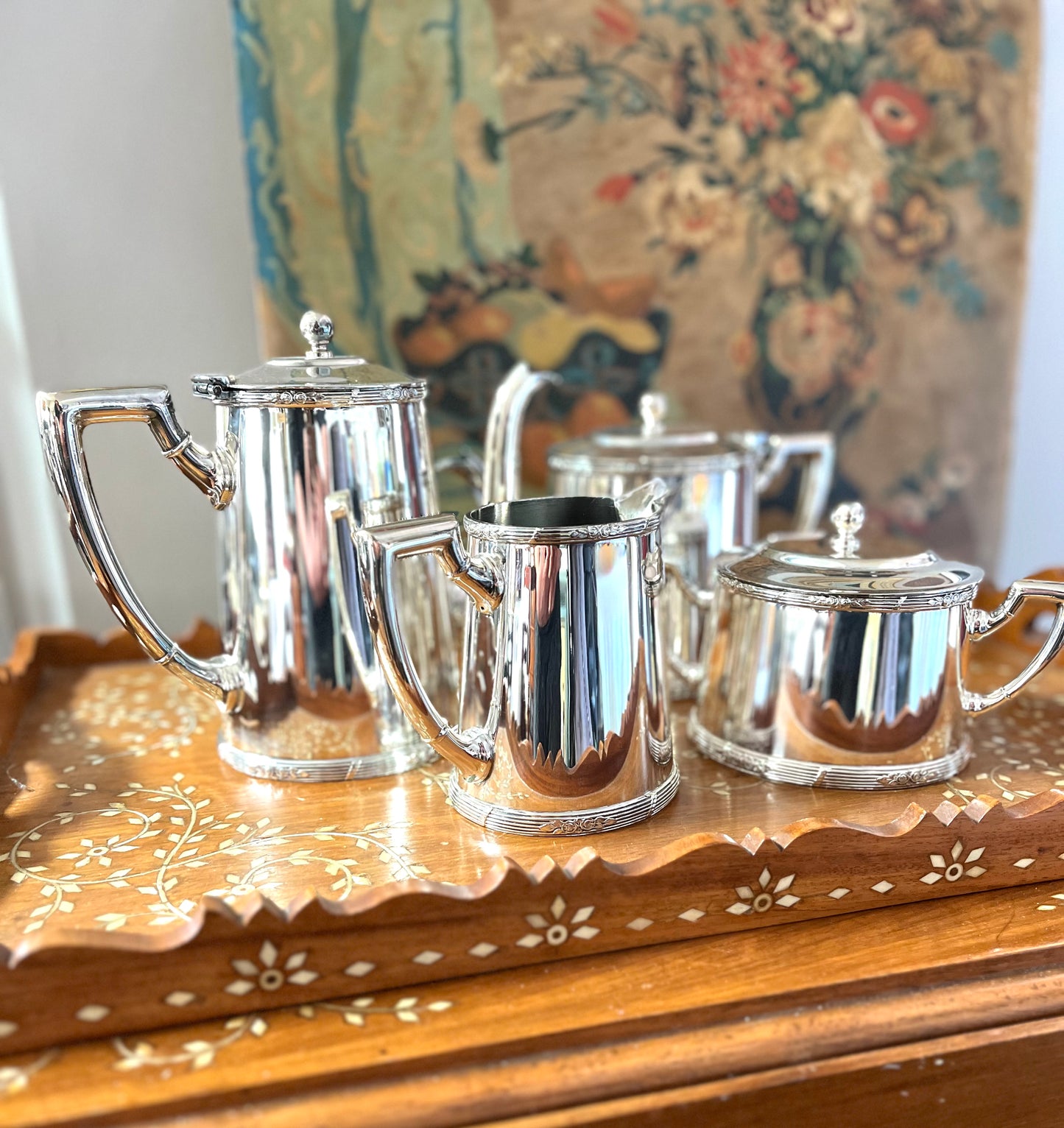 Vintage Silver Plate English Tea And Coffee Set - Coffee Pot - Tea Pot - Creamer - Sugar by Wolff