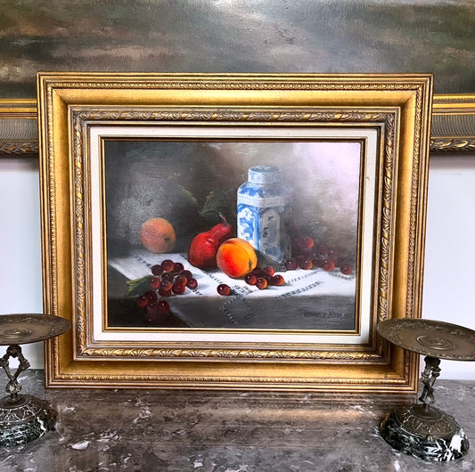 Reserved Melanie Live Sale 8/5 - Gorgeous Vintage Signed Still Life Oil On Board “Ginger Jar With Fruit”