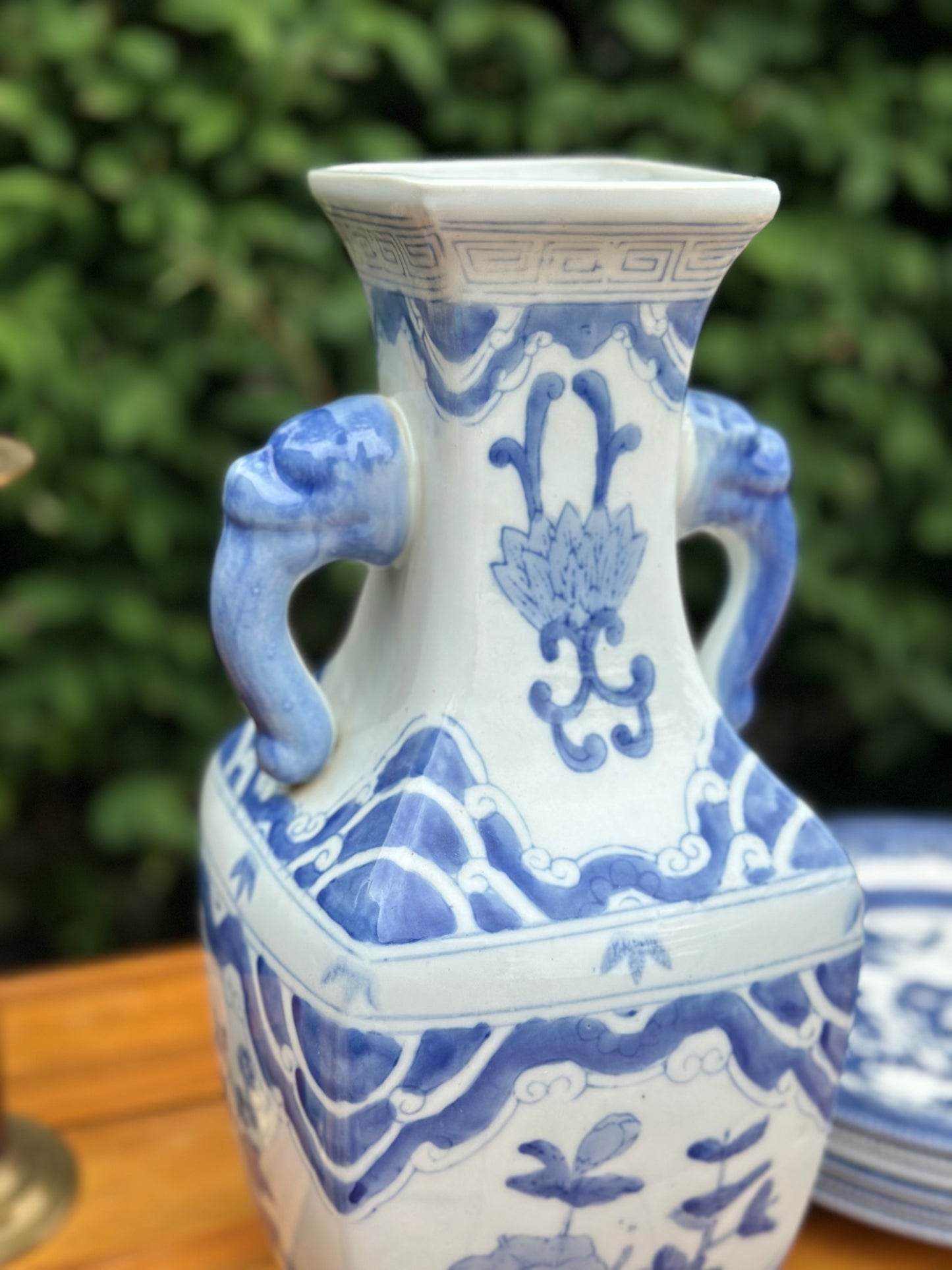 Blue & White, 13” Tall Vase, Foo Handles - Pristine!