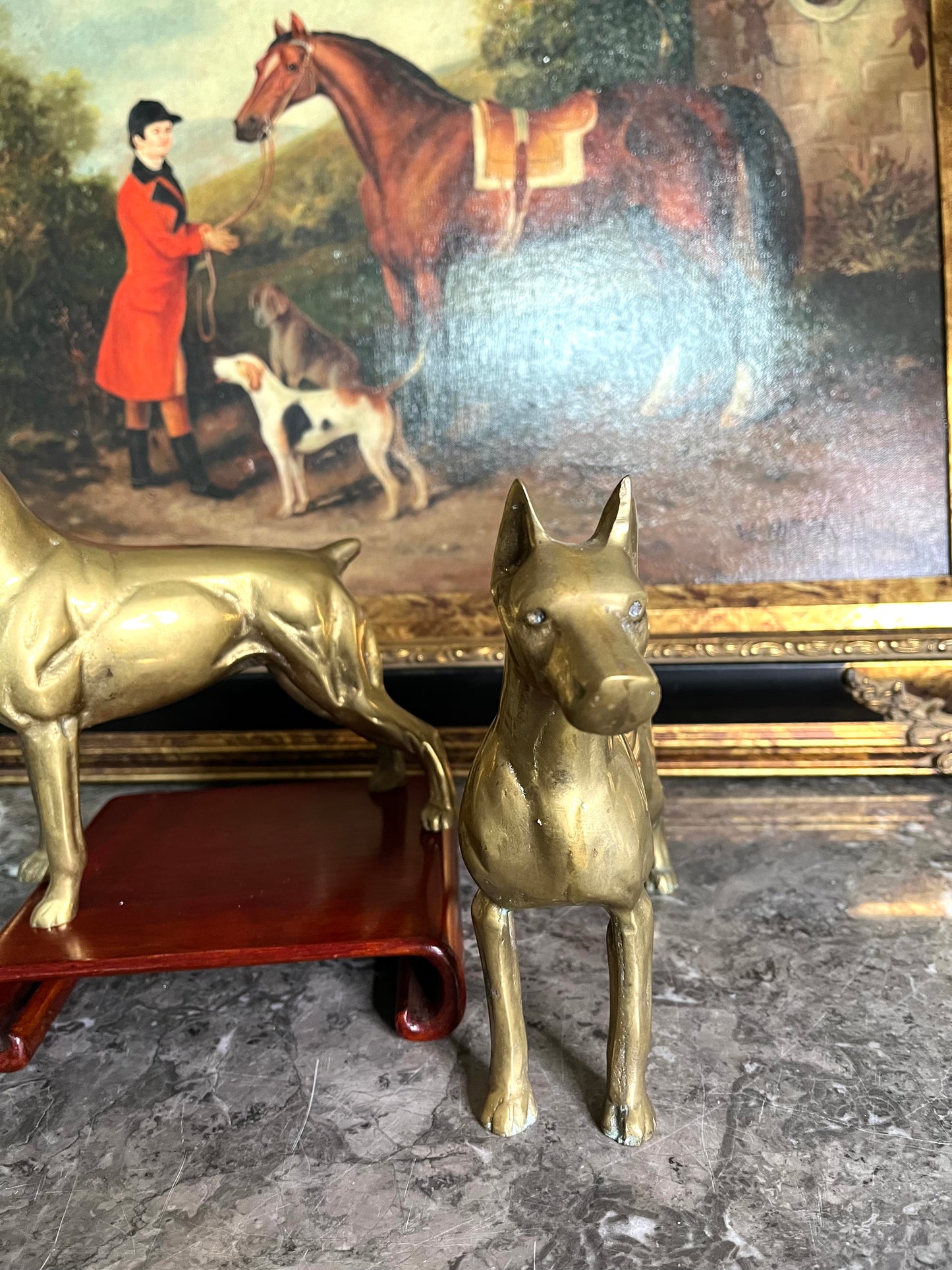 Stately Vintage Pair Of Commanding Brass Doberman/Great Dane Dogs Statues/Bookends